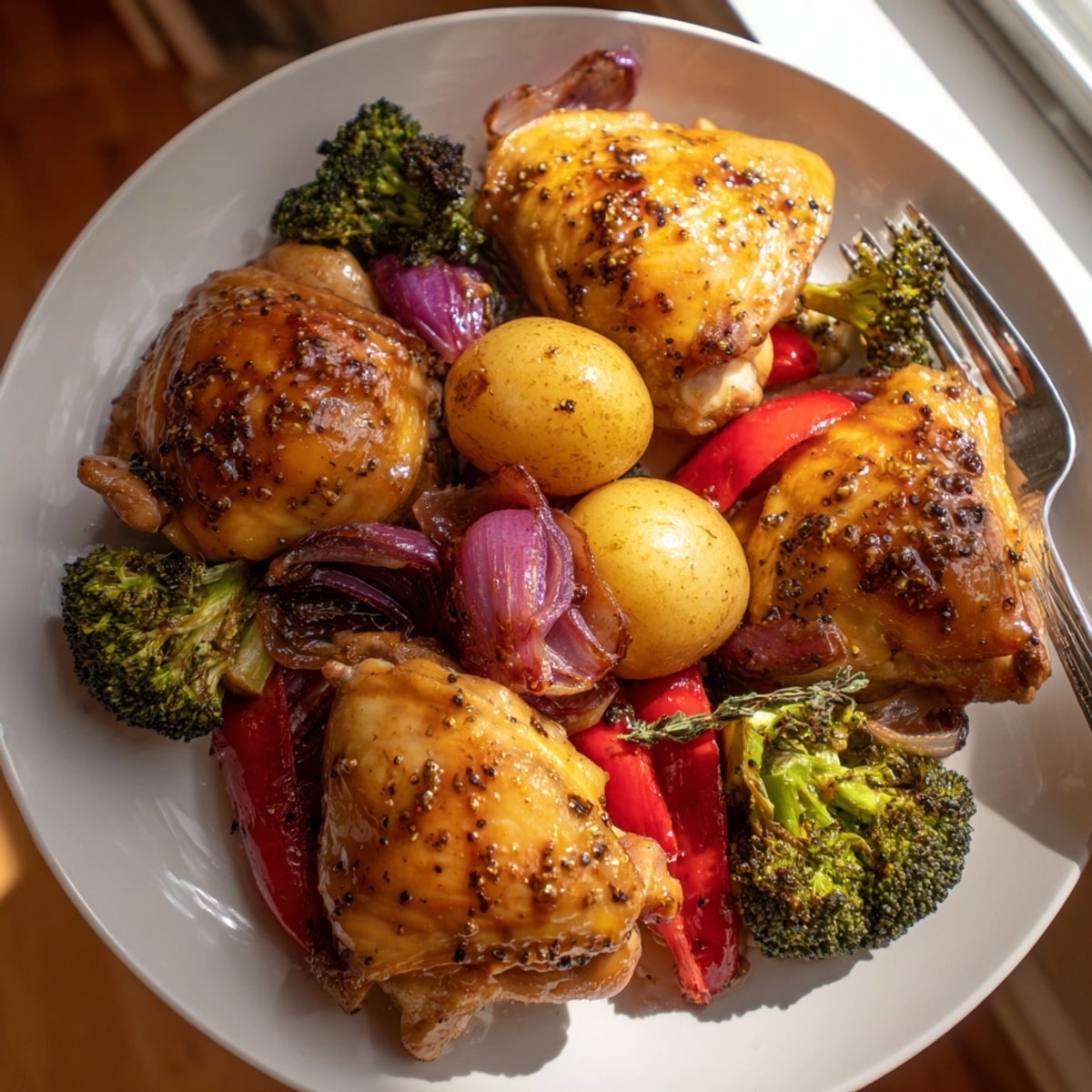 Honey Lemon Roasted Chicken Sheet Pan with golden thighs, vibrant vegetables, and caramelized glaze for a quick dinner.