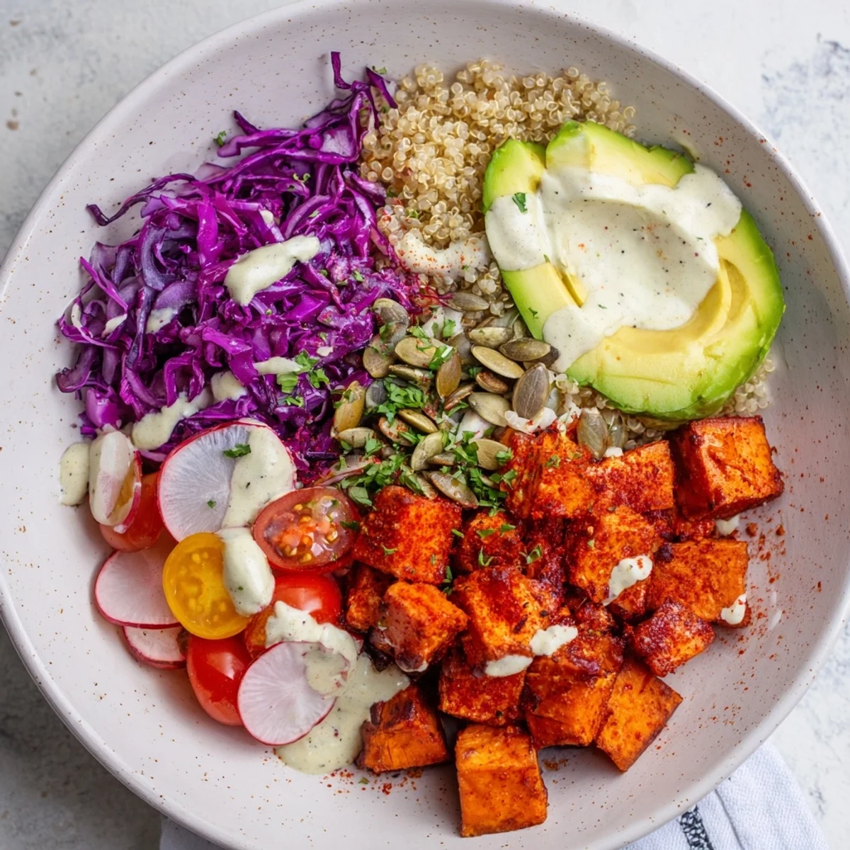 Complete Veggie Bowl with quinoa, sweet potatoes and tahini vinaigrette, a colorful and healthy meal.