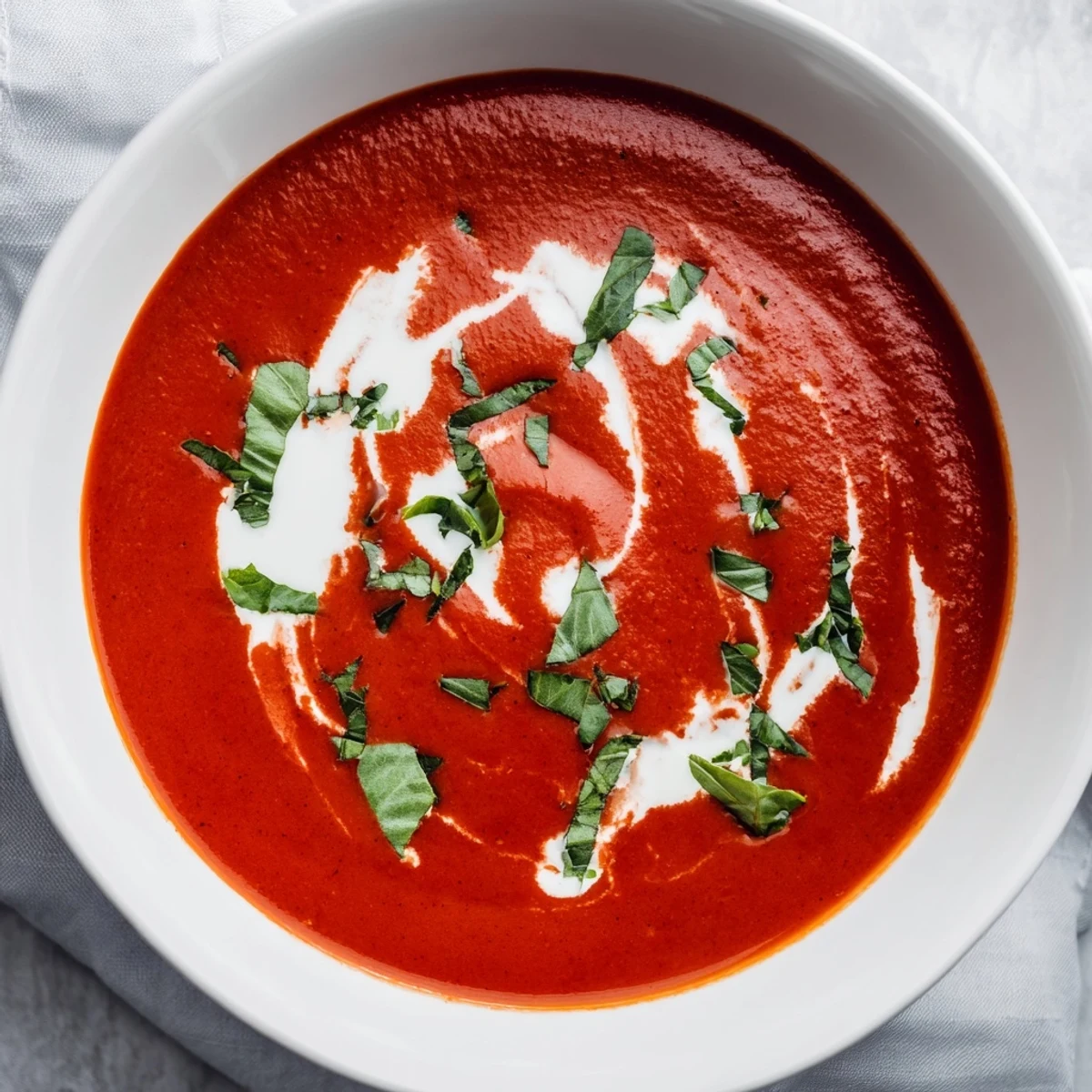 Creamy homemade tomato and basil soup, garnished with fresh basil, ready to warm your senses.
