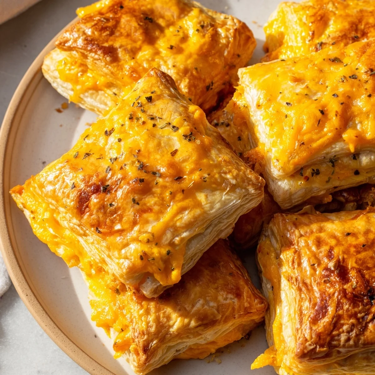 Close-up of baked Cheese and Spice Puff Pastry Bites, highlighting the cheesy filling and puffed layers.