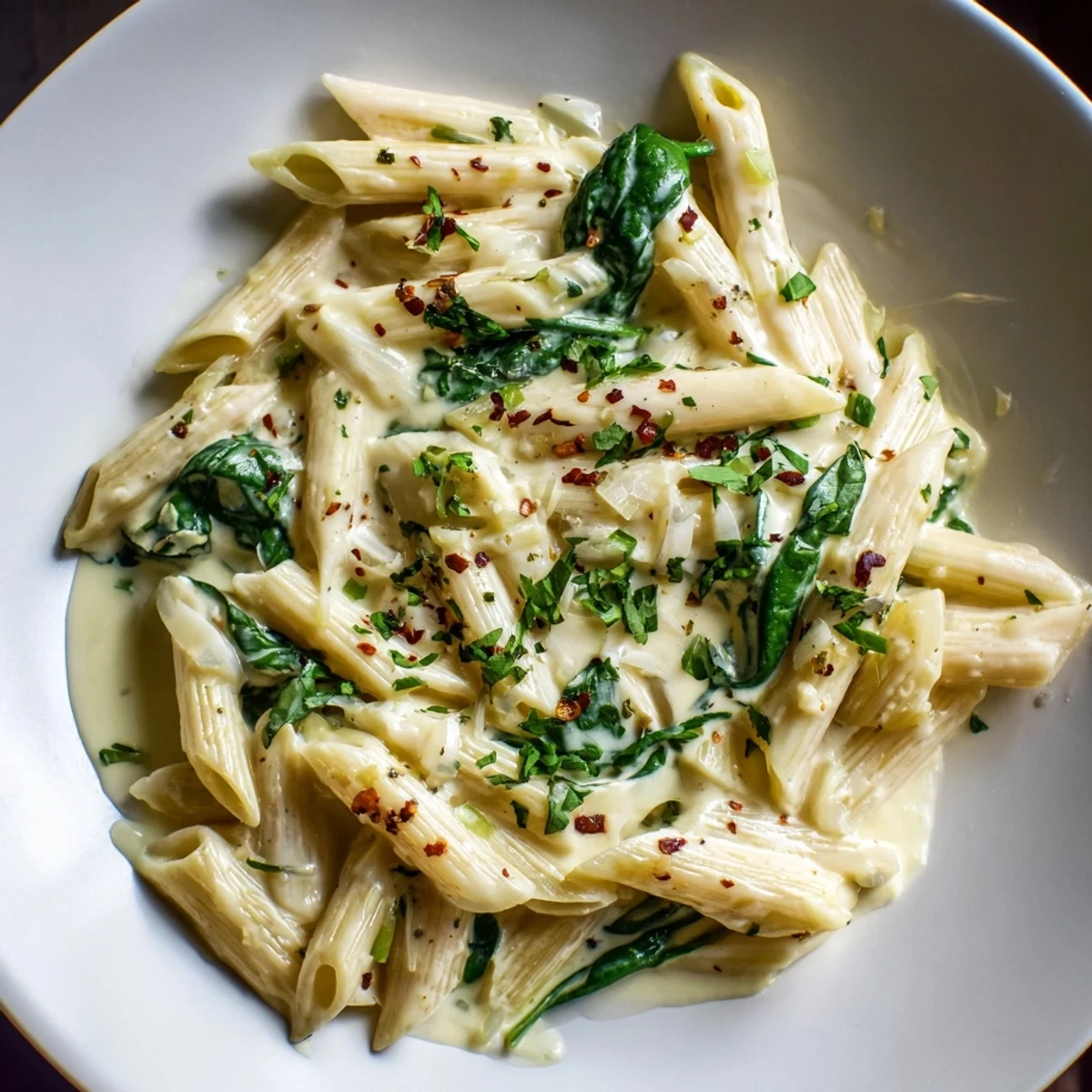 The Magic Casserole: Creamy Spinach Pasta, bubbling and cheesy with fresh spinach in a skillet.