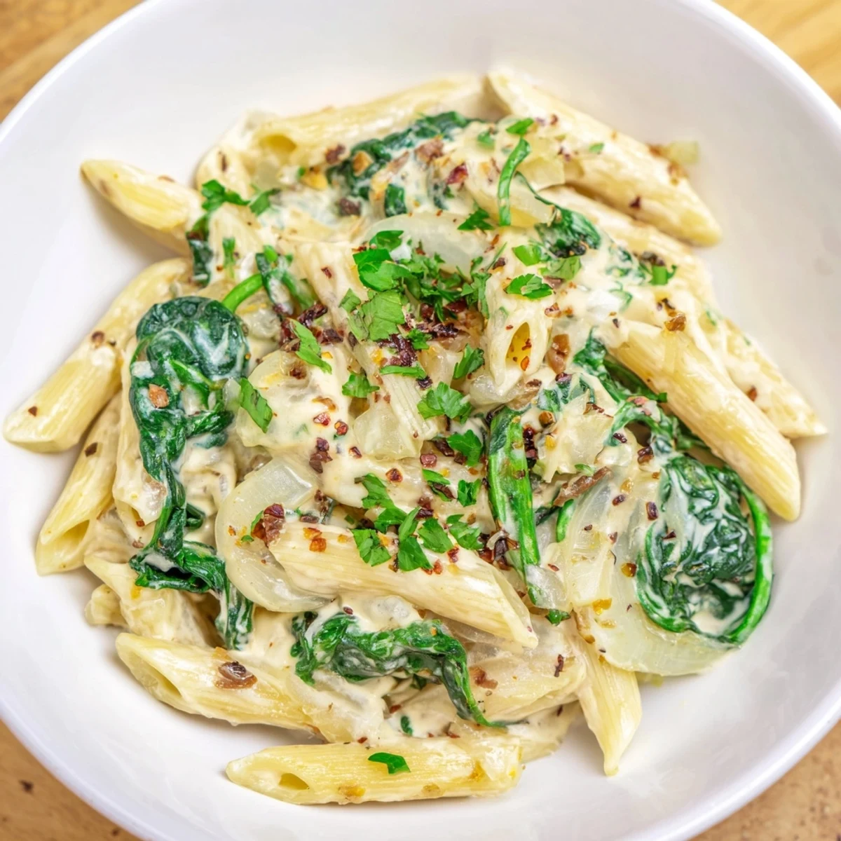 Hot and delicious serving of The Magic Casserole: creamy spinach pasta, perfect family meal!