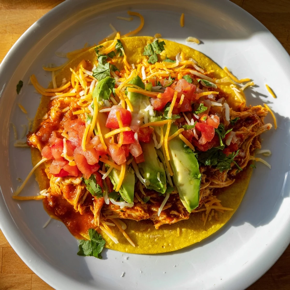 Juicy, tender Slow Cooker Shredded Chicken Tacos spilling out of a warm corn tortilla, ready to eat!