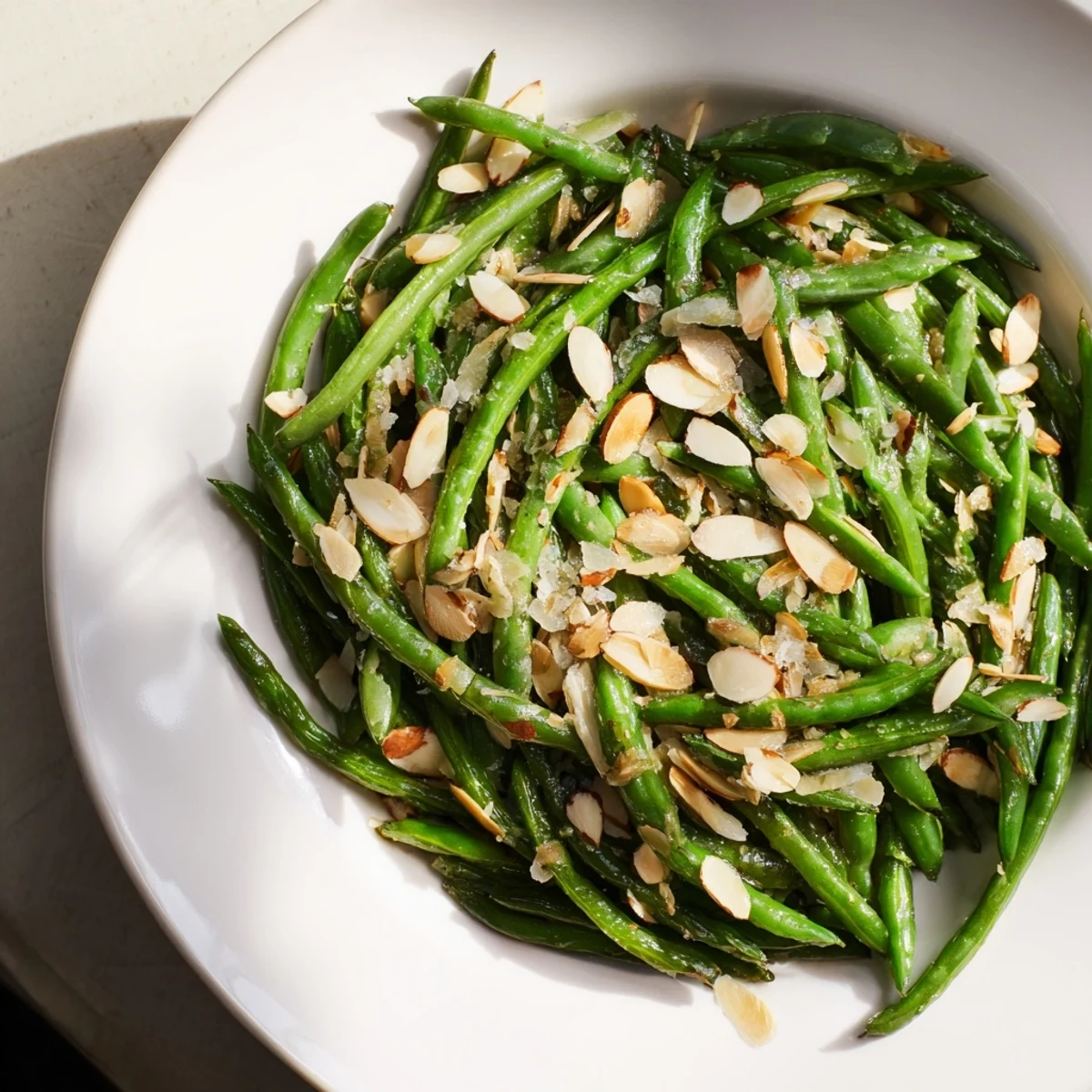 Sautéed green beans with garlic and almonds, tossed and sizzling in a skillet, ready to serve.