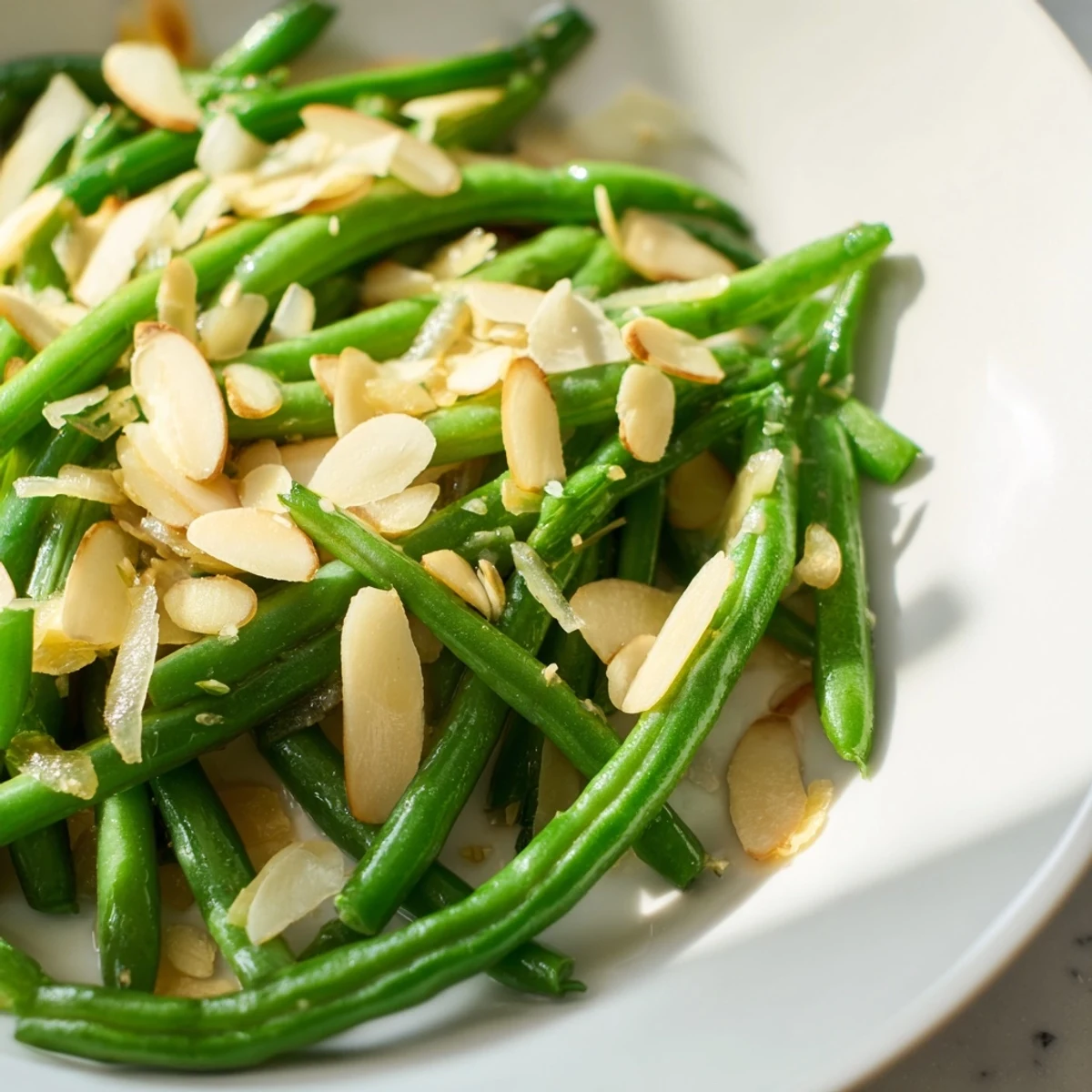 Bright green Sautéed green beans, glistening with olive oil, are topped with toasted almonds.