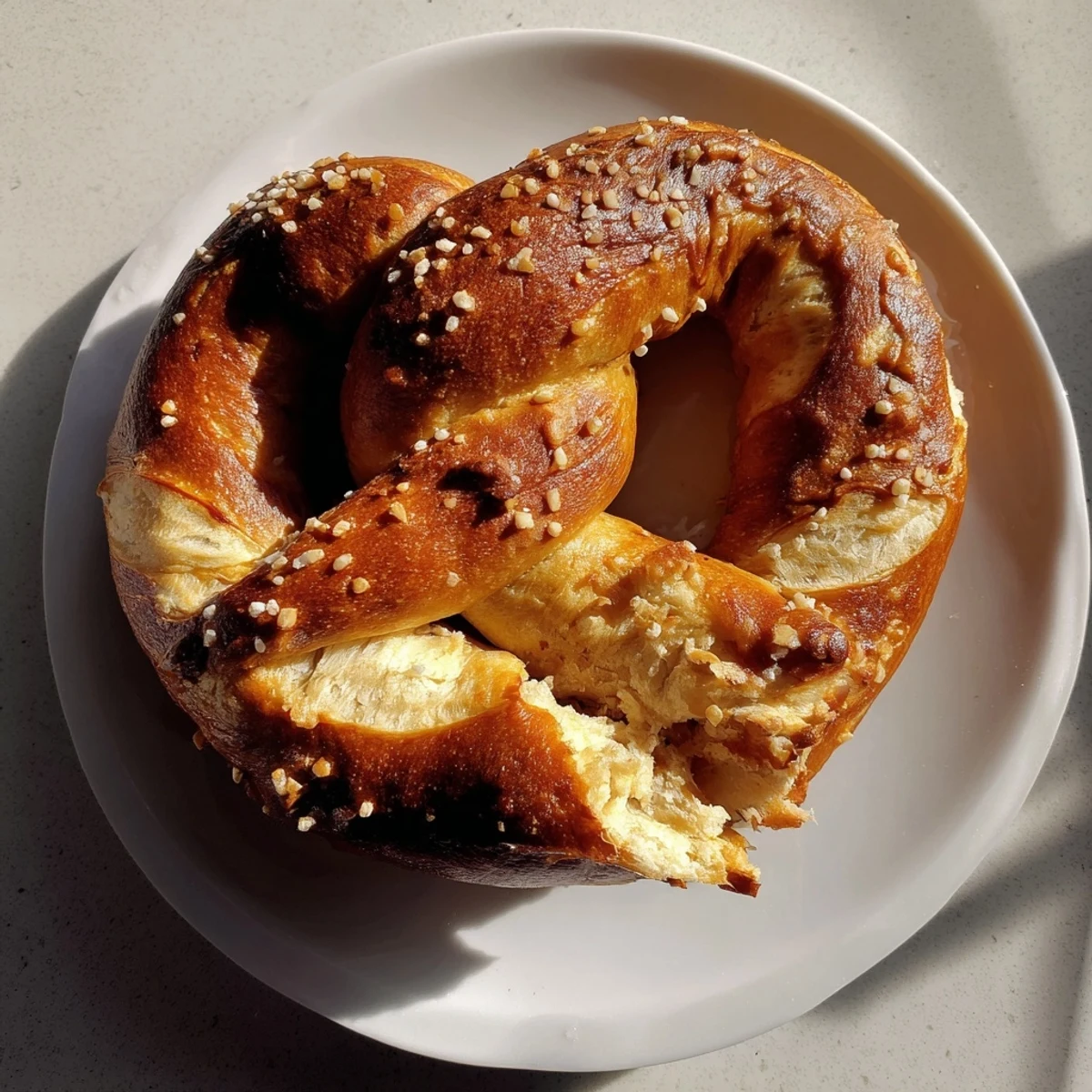 A close-up of a delightful homemade soft pretzel, showing a glossy, crisp crust and fluffy interior.