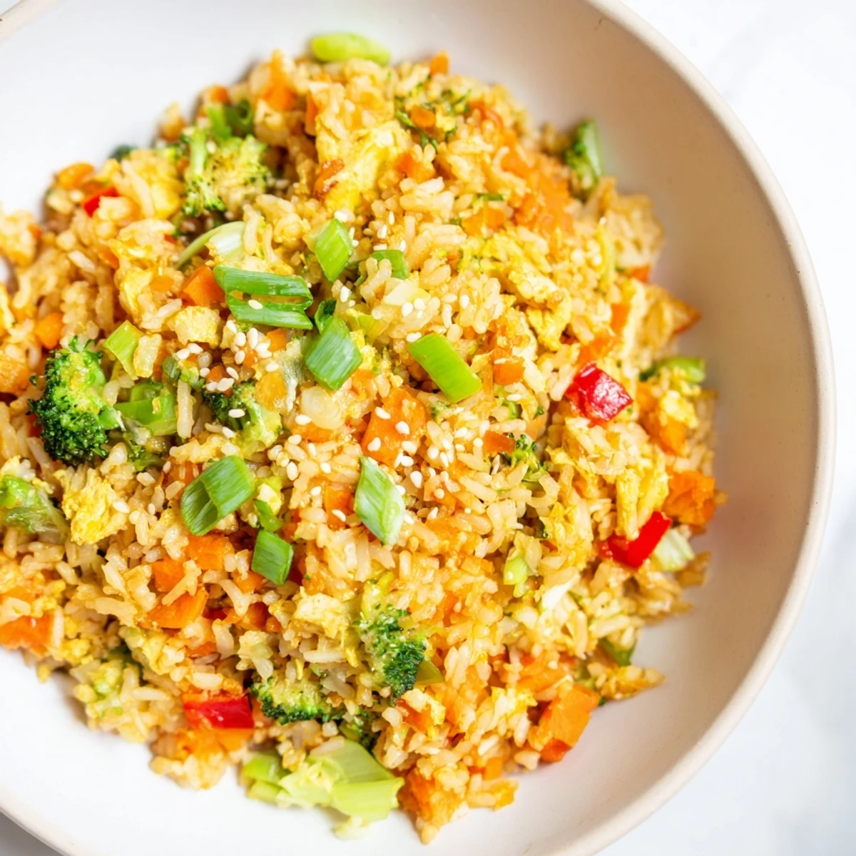 A steaming bowl of vegetable fried rice, showing off perfectly fried rice and fresh cilantro.
