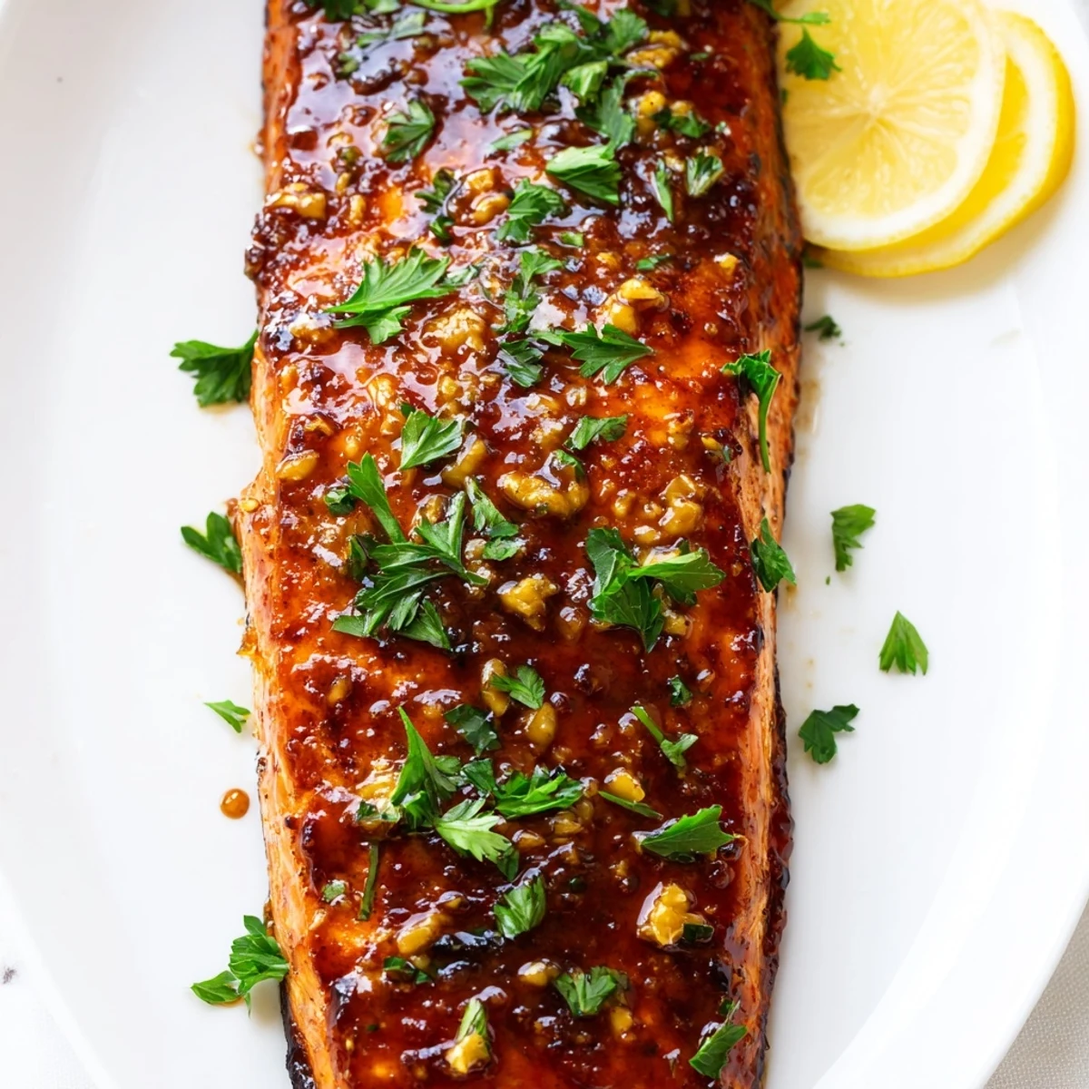 Honey Mustard Glazed Salmon, glistening and perfectly broiled, ready to enjoy with fresh parsley and lemon wedges.