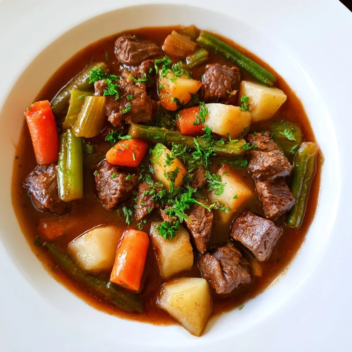 A steaming bowl of beef and vegetable stew in the pressure cooker, perfect for a cozy dinner.