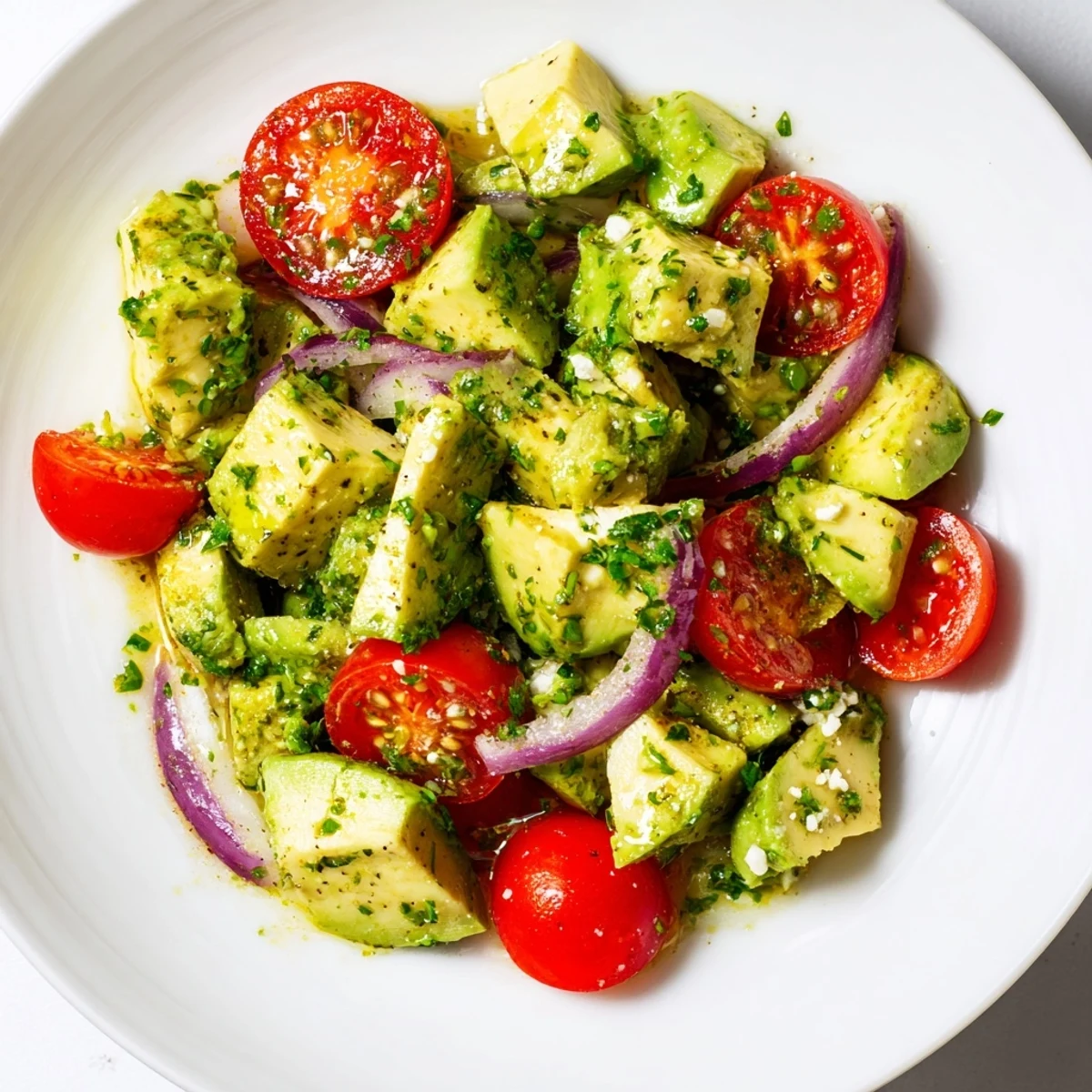 Fresh Cucumber, Tomato, and Avocado Salad with Feta, vibrant colors and creamy textures.