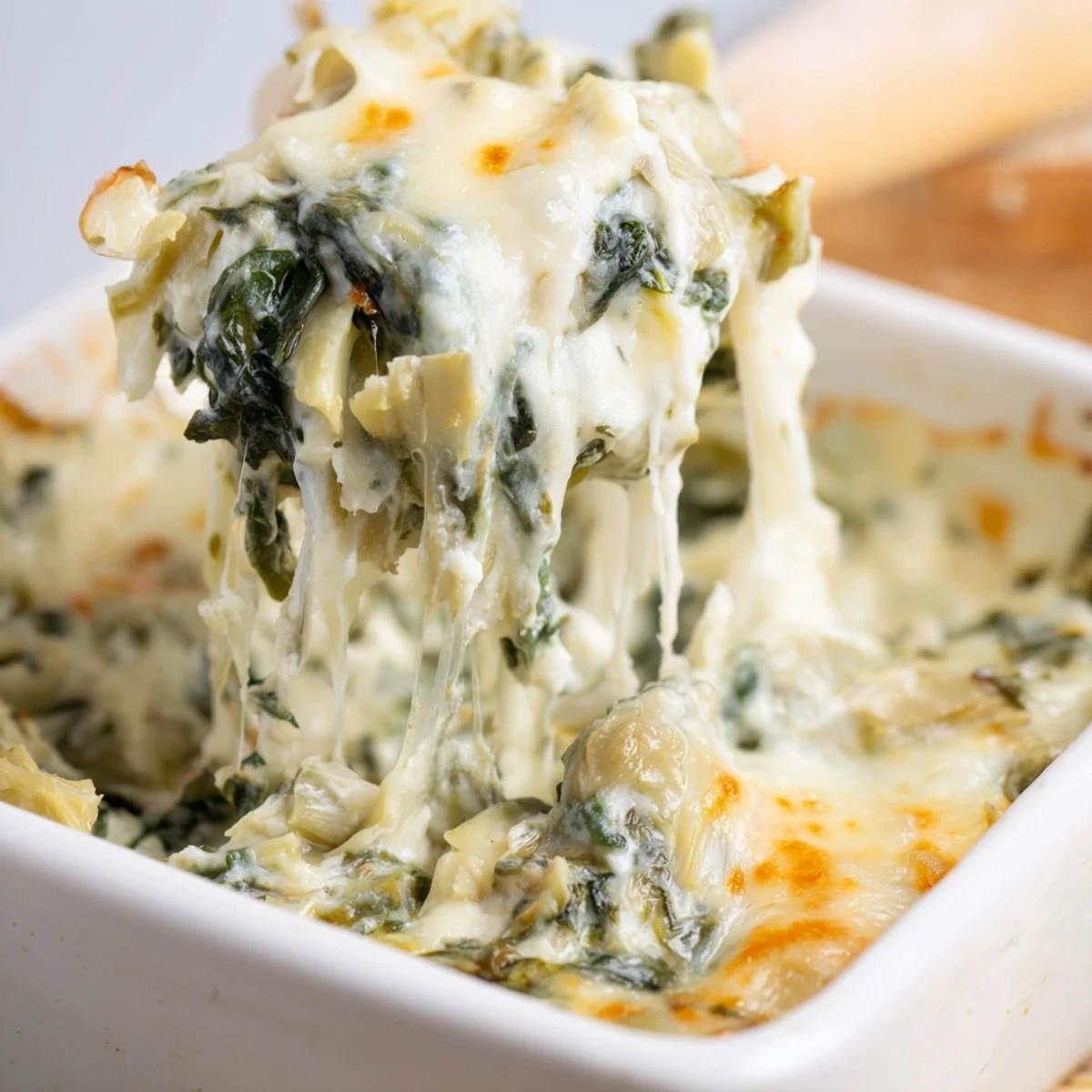 Warm Spinach and Artichoke Dip, bubbly and golden, ready to be scooped with crispy crackers.