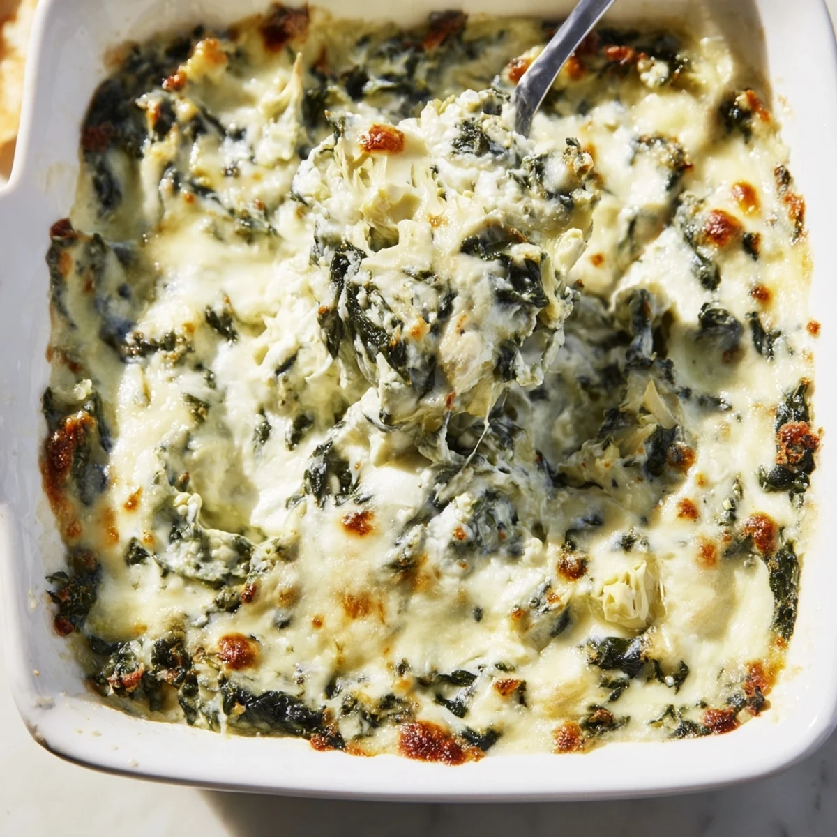 Freshly baked Warm Spinach and Artichoke Dip, speckled with spinach and artichoke, ready to be enjoyed.