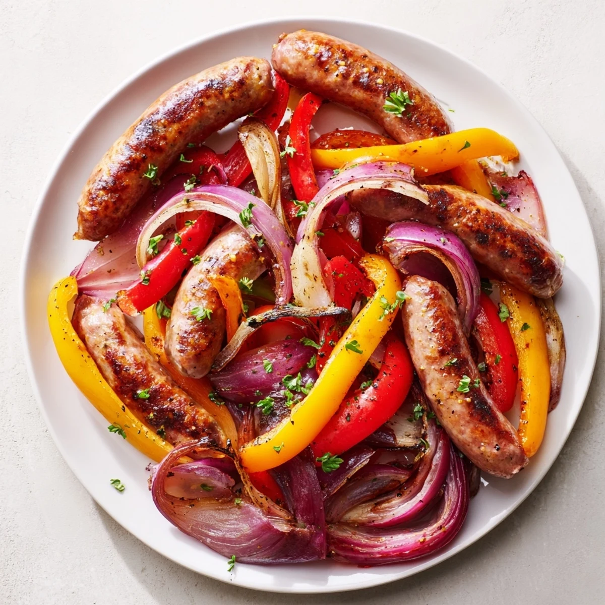 Juicy Italian sausages, golden peppers, and onions roasted on a sheet pan for an easy dinner.