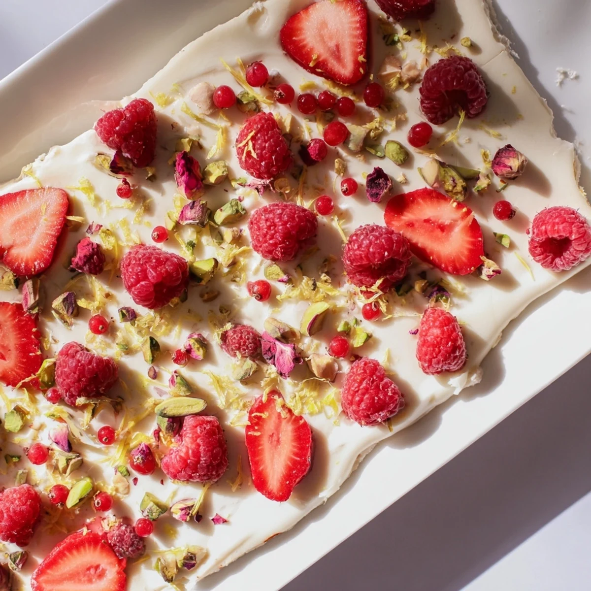 Fresh, colorful red berries top a sweet, frozen layer of yogurt - making irresistible Frozen Yogurt Bark.