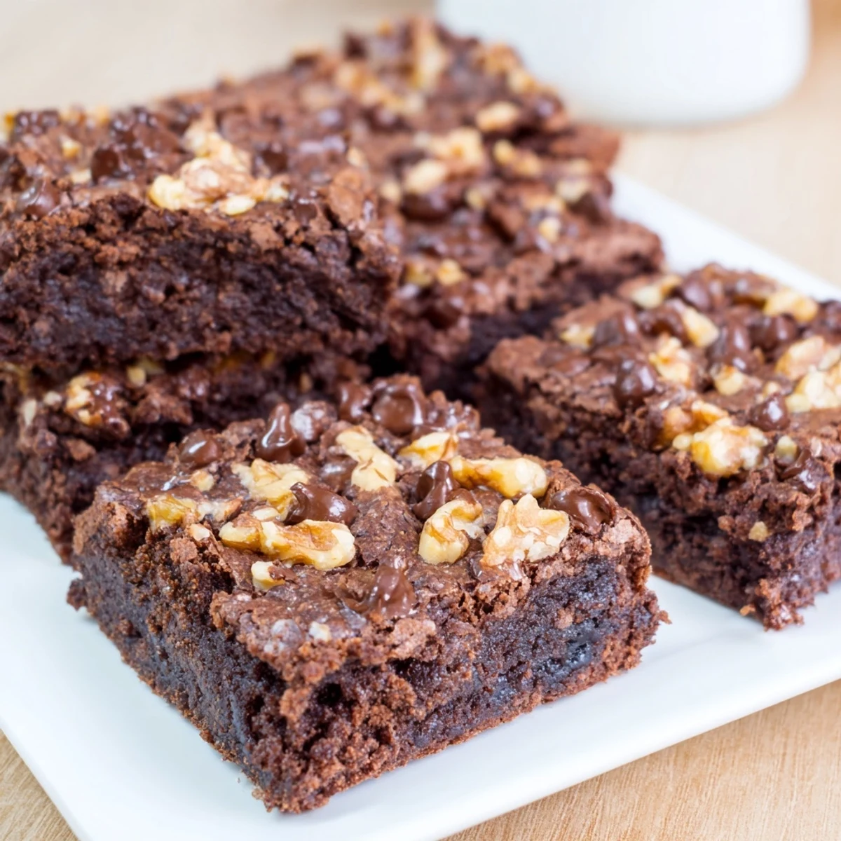 Fudgy walnut brownies in a baking pan, warm and glistening, ready to serve with ice cream.