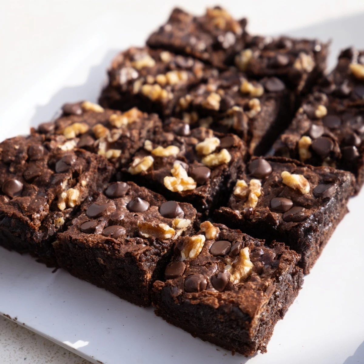 A single pan of delicious, homemade fudgy walnut brownies, perfect for a special dessert.