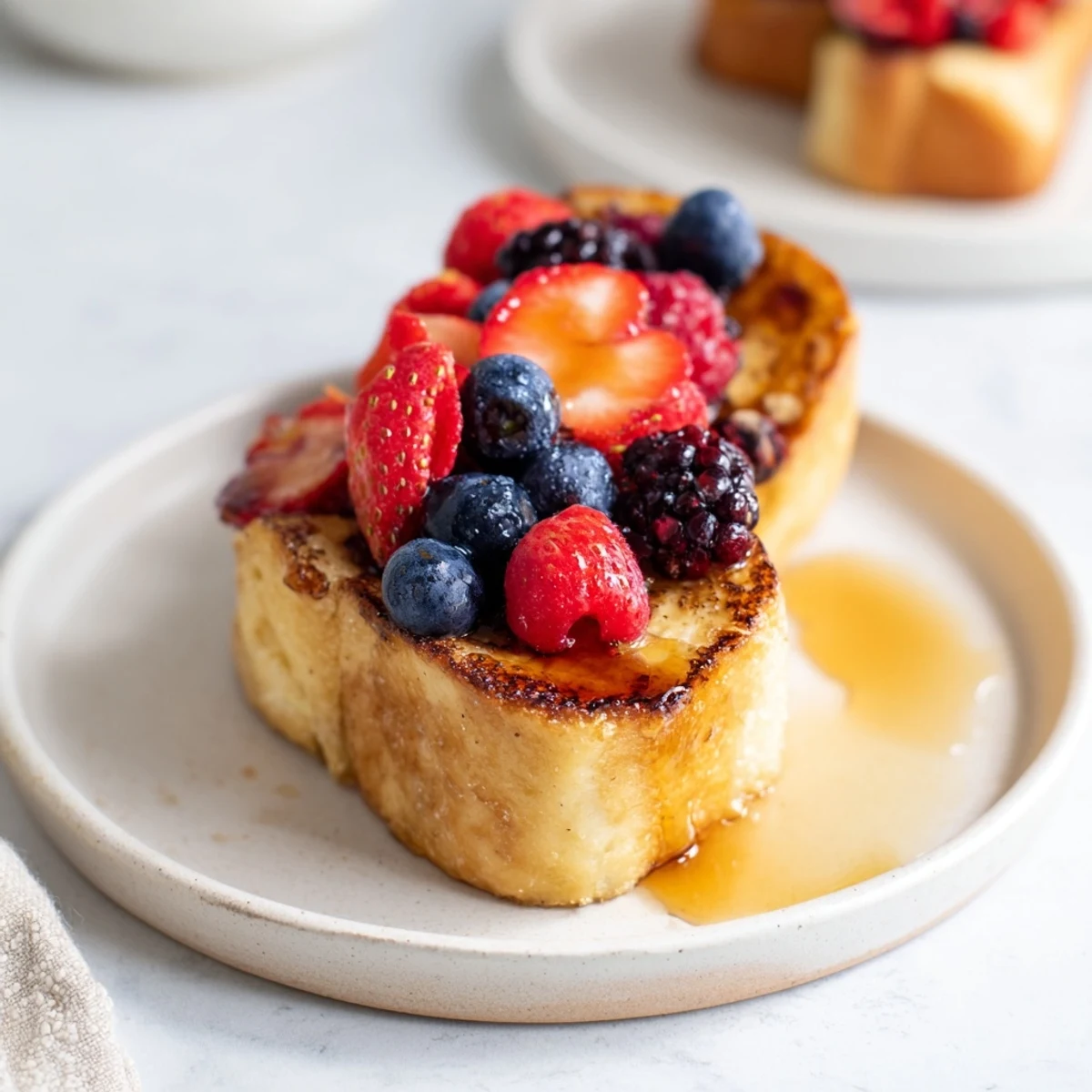 Golden-brown French toast, drenched in syrup, with vibrant berries, a perfect brunch treat.