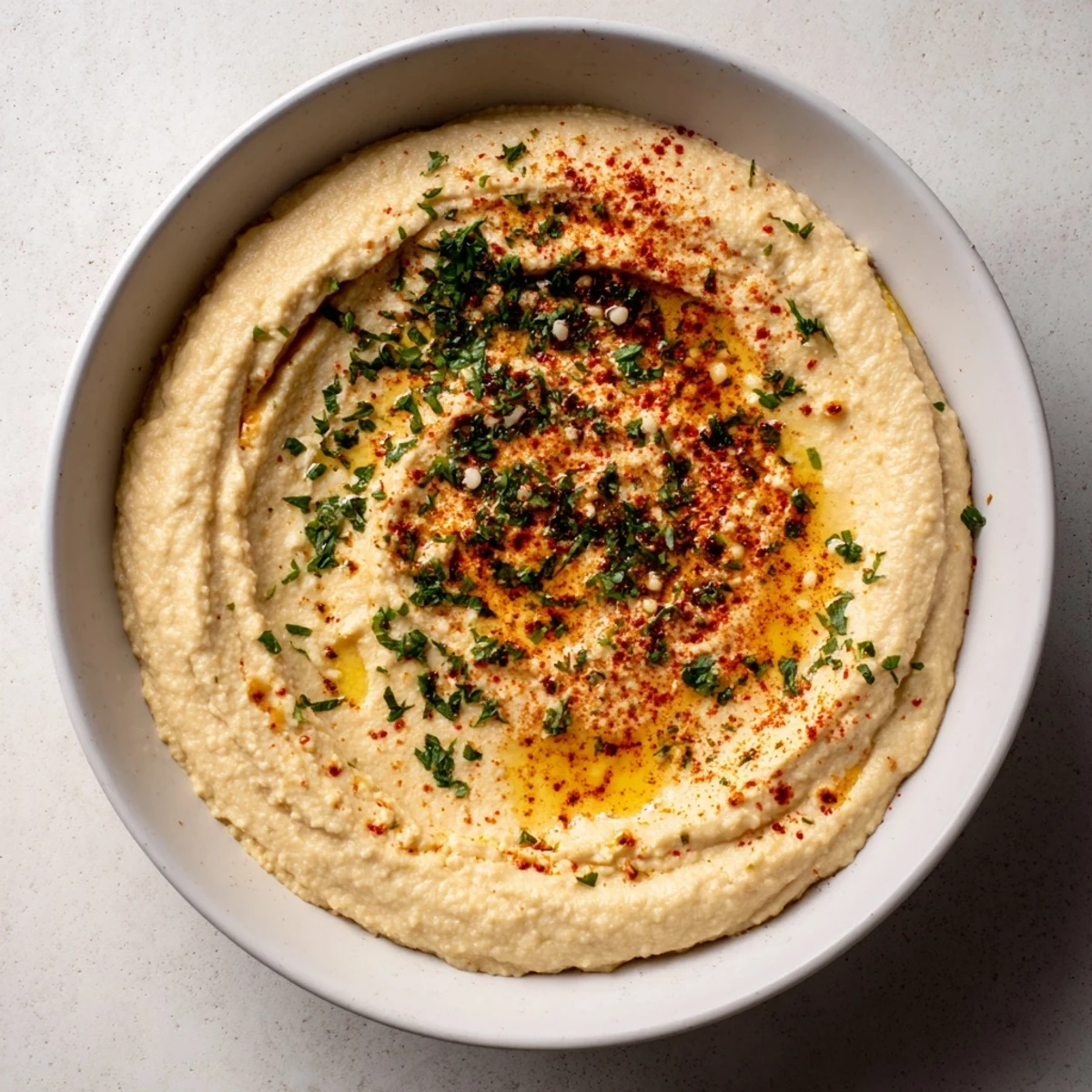Creamy Perfect 5-Minute Homemade Hummus, drizzled with olive oil, ready for dipping vegetables.