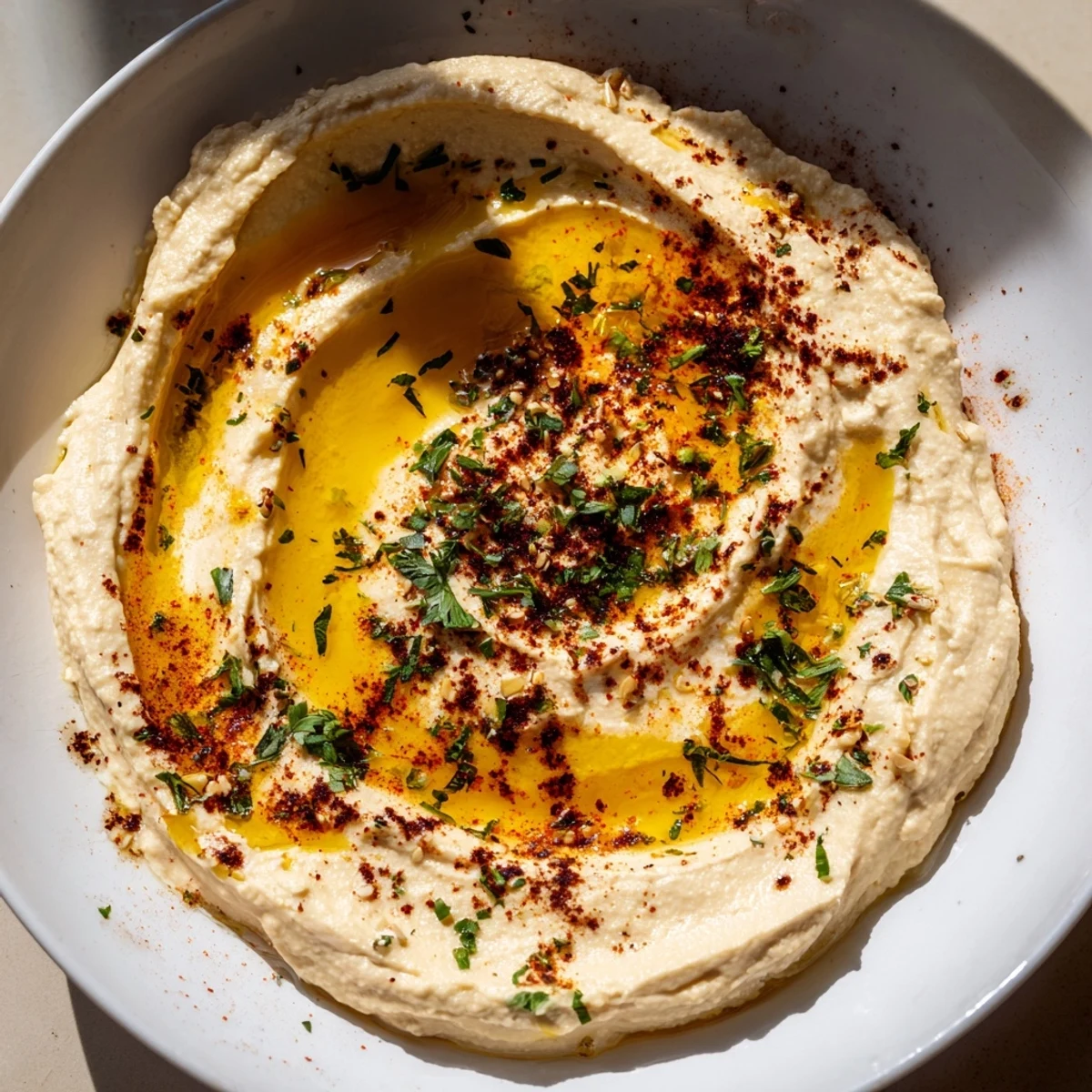 A bowl of vibrant, fresh Perfect 5-Minute Homemade Hummus, sprinkled with paprika and served with pita.