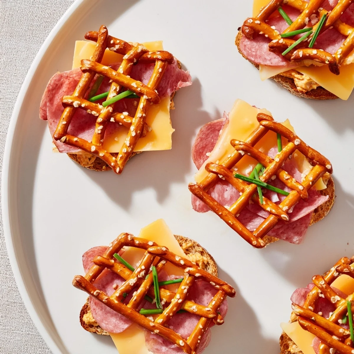 Savory Lattice Window appetizer, a beautiful display of pretzels forming a tempting treat with meats and cheese.