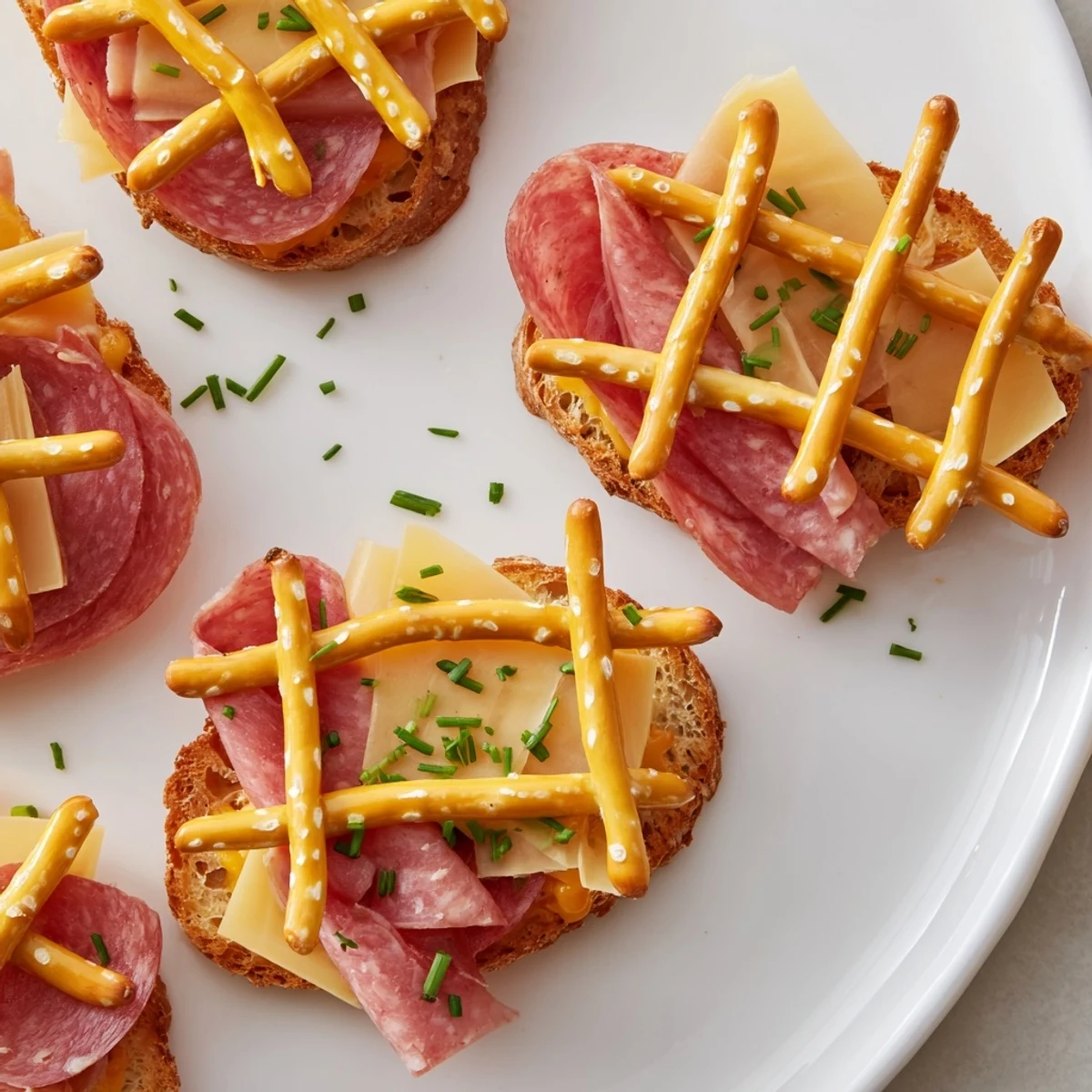 This Lattice Window appetizer offers a close-up image of the pretzel lattice above layered meats and cheese.
