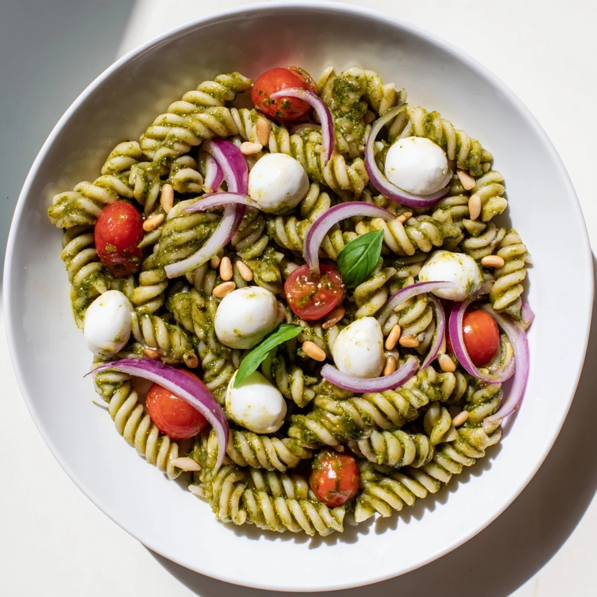 A colorful bowl of cold pasta salad with pesto, mozzarella, and juicy cherry tomatoes.