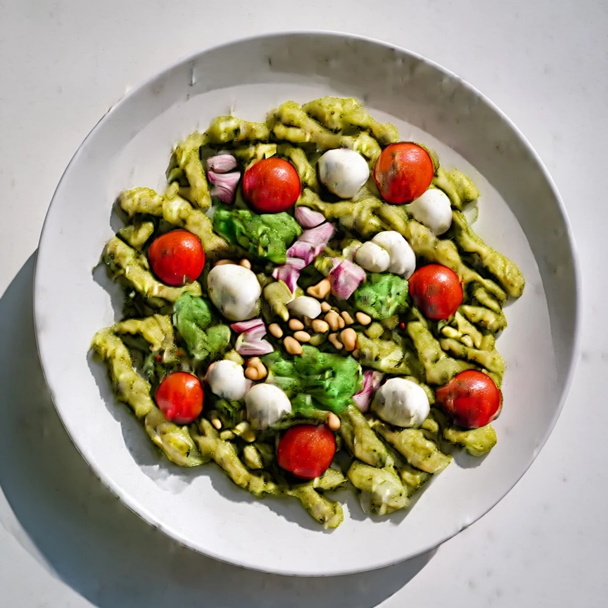 This delicious cold pasta salad showcases pesto-coated pasta with fresh mozzarella, ready to serve.