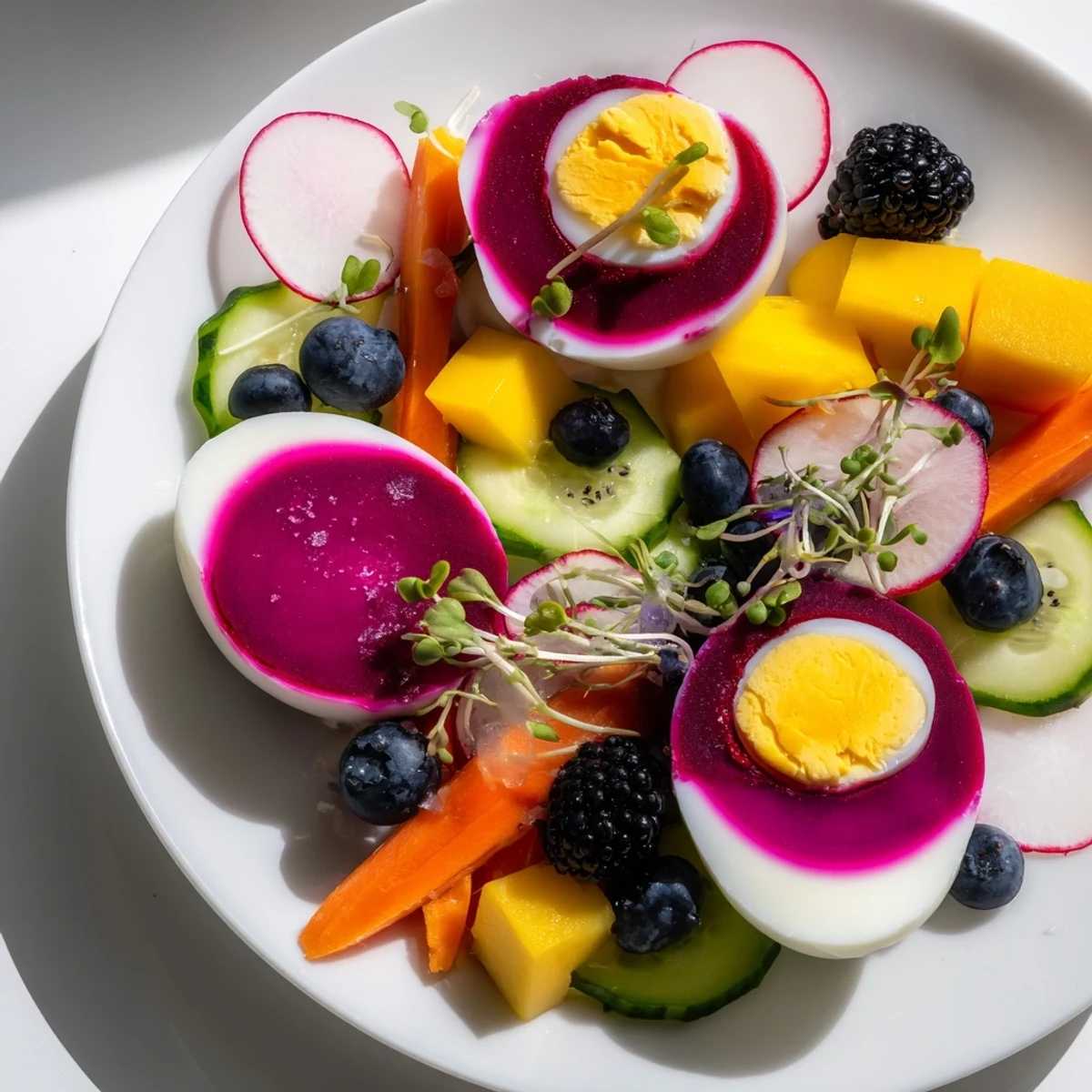 Vibrantly colored The Neon Night features pickled veggies, beet-dyed eggs, and fruits, boasting a symphony of fresh flavors.