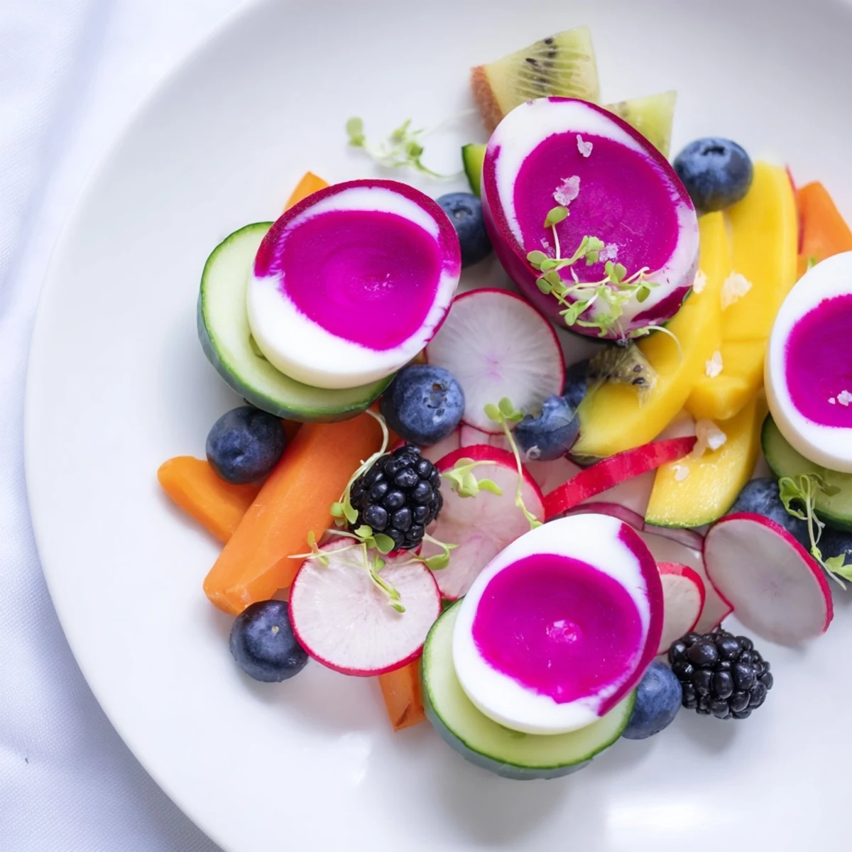 A gorgeous overhead shot showcases the artful arrangement of The Neon Night, featuring a black board filled with vivid appetizers.