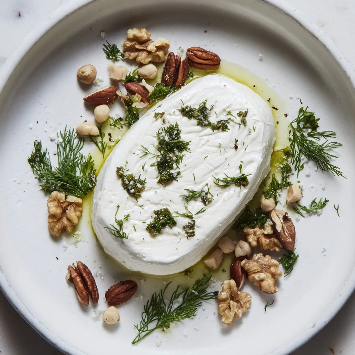 Creamy, herb-imprinted Fossil Record appetizer beautifully arranged with cracked, rustic nuts alongside.