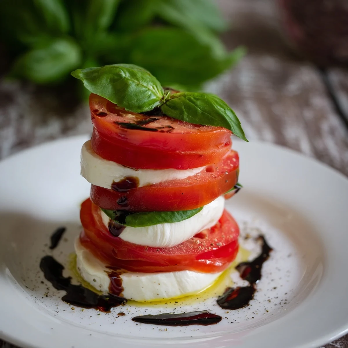 Vibrant Tuscan Pillar appetizer: layers of tomato, mozzarella, basil, drizzled with olive oil.