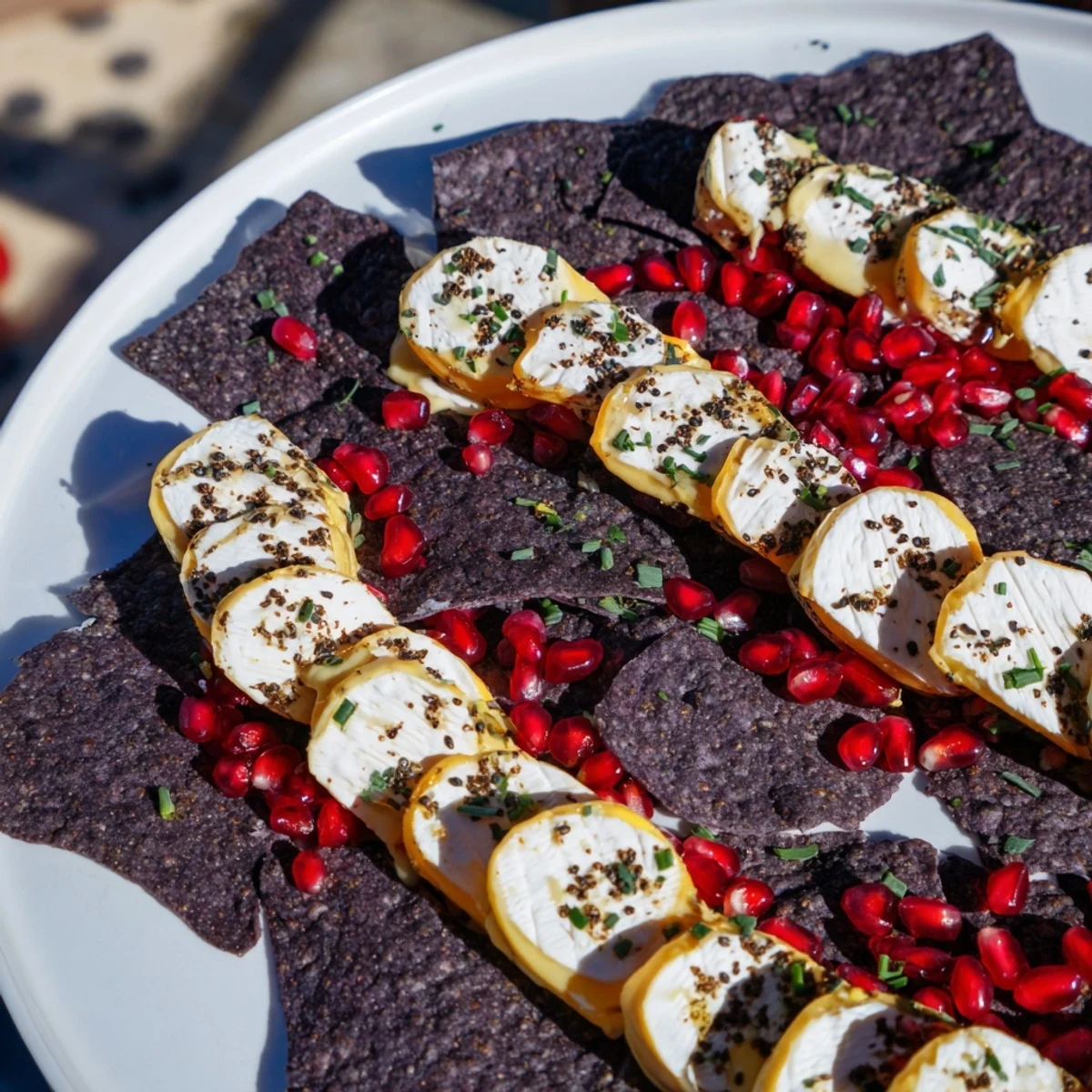 Appetizing The Stepping Stones appetizer, featuring creamy cheese rounds atop a blue corn chip river.