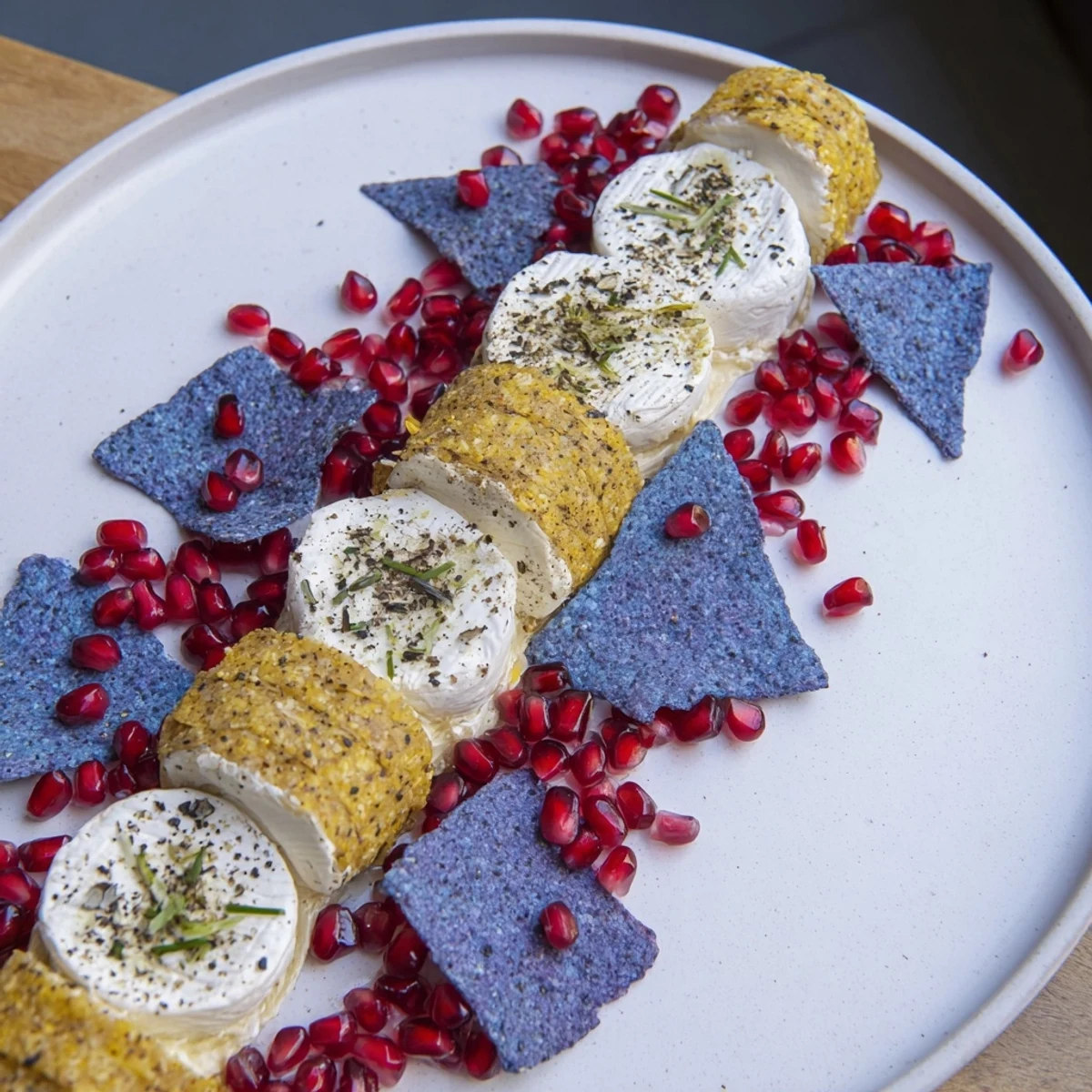 A close-up of The Stepping Stones: cheese "stepping stones" with chives on a blue chip river.