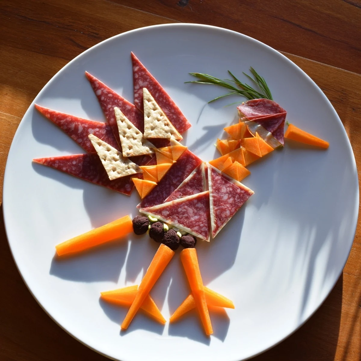 Delicate paper crane appetizer crafted with cured meats, crackers, and carrot accents, ready to serve.