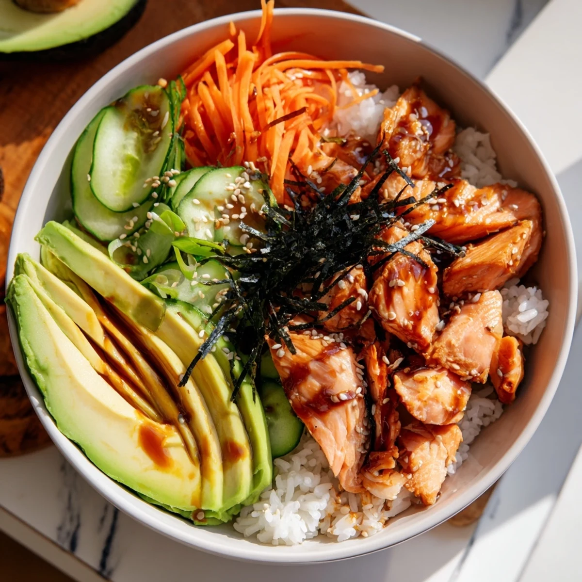 A steaming bowl of comforting Japanese-Style Salmon & Chicken Rice with glistening salmon and avocado, ready to enjoy.