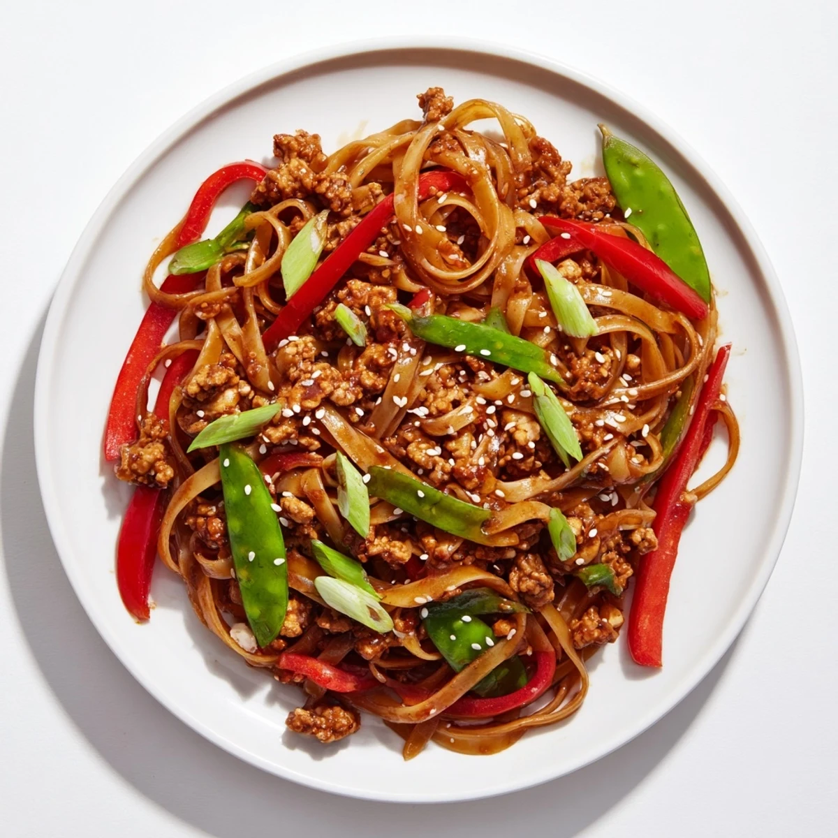 Steaming bowl of Sesame Hoisin Ground Chicken Pasta, a delicious fusion dinner idea with crisp vegetables.
