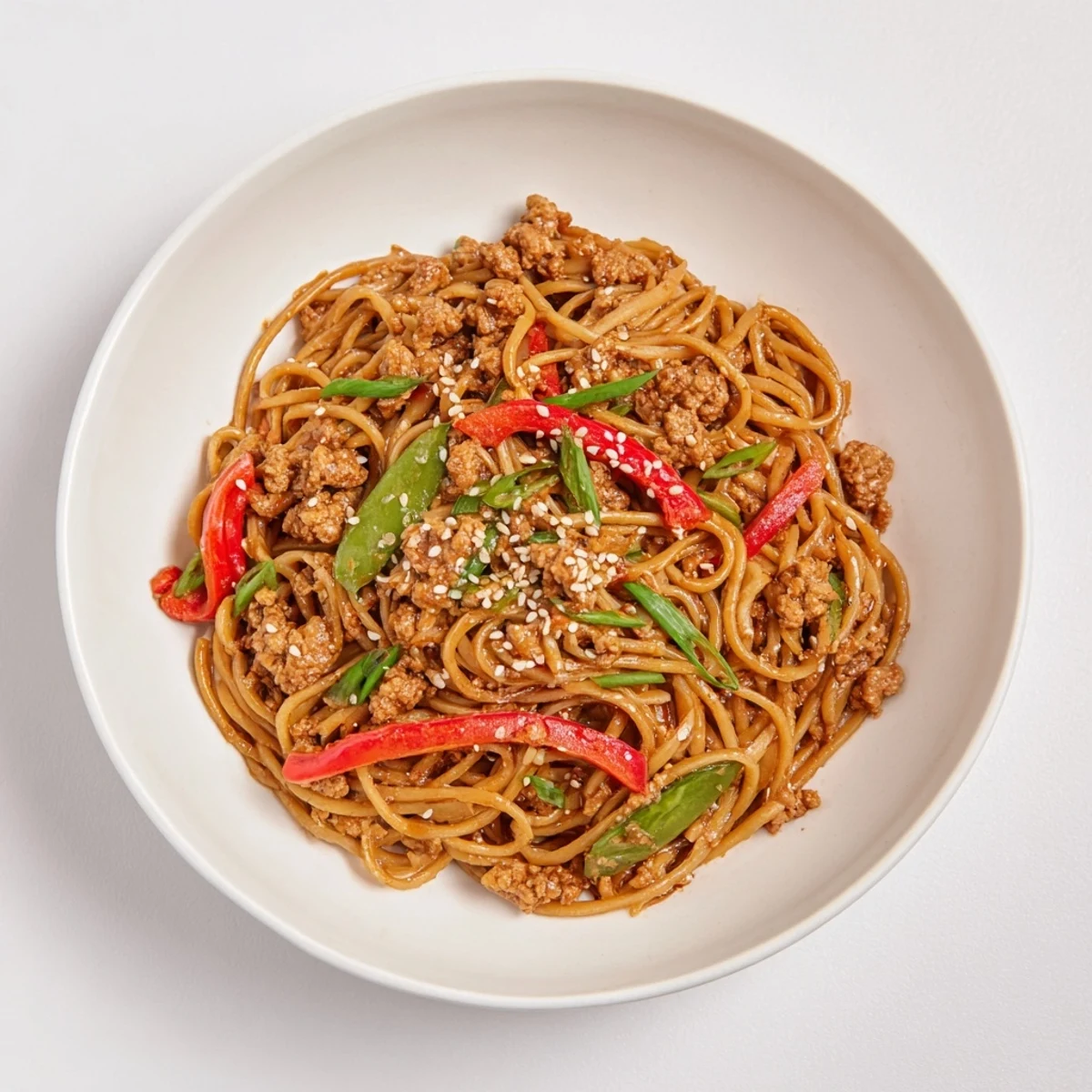 A close-up view of the savory Sesame Hoisin Ground Chicken Pasta, perfect for a quick, flavorful weeknight meal.