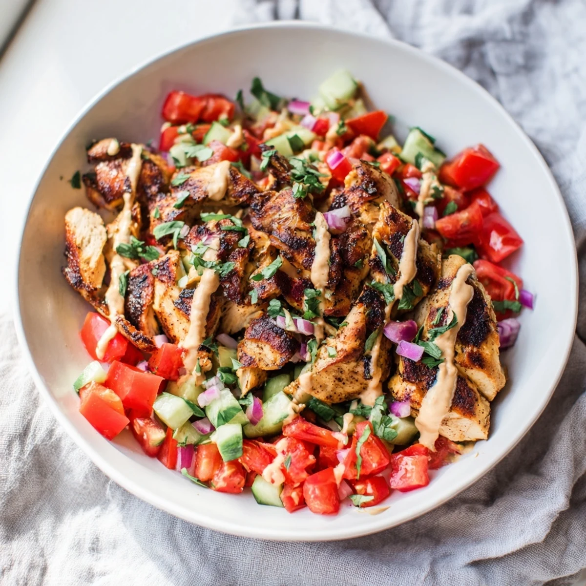 Tender slices of spiced chicken shawarma salad glistening with creamy tahini dressing and fresh herbs.