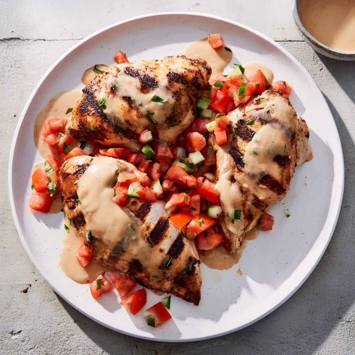 A colorful bowl of chicken shawarma salad featuring vibrant tomatoes and cucumbers, ready to enjoy.