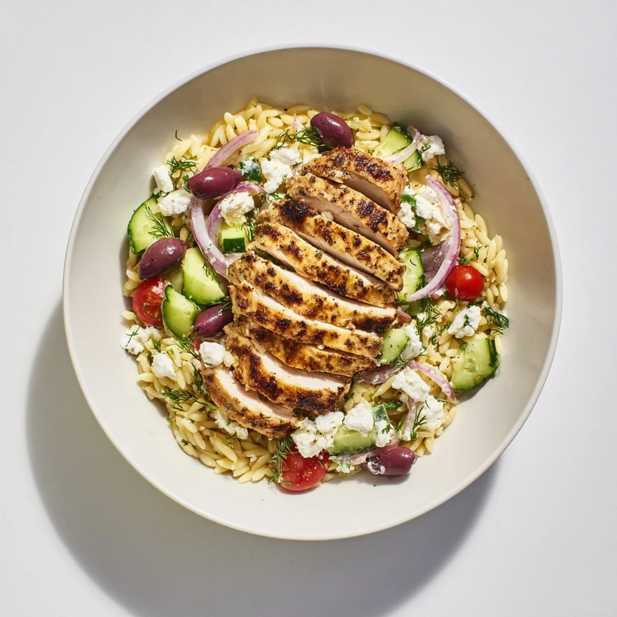 Greek Chicken Gyro Pasta Bowls boast grilled chicken, creamy feta, and fresh veggies over perfectly cooked orzo.