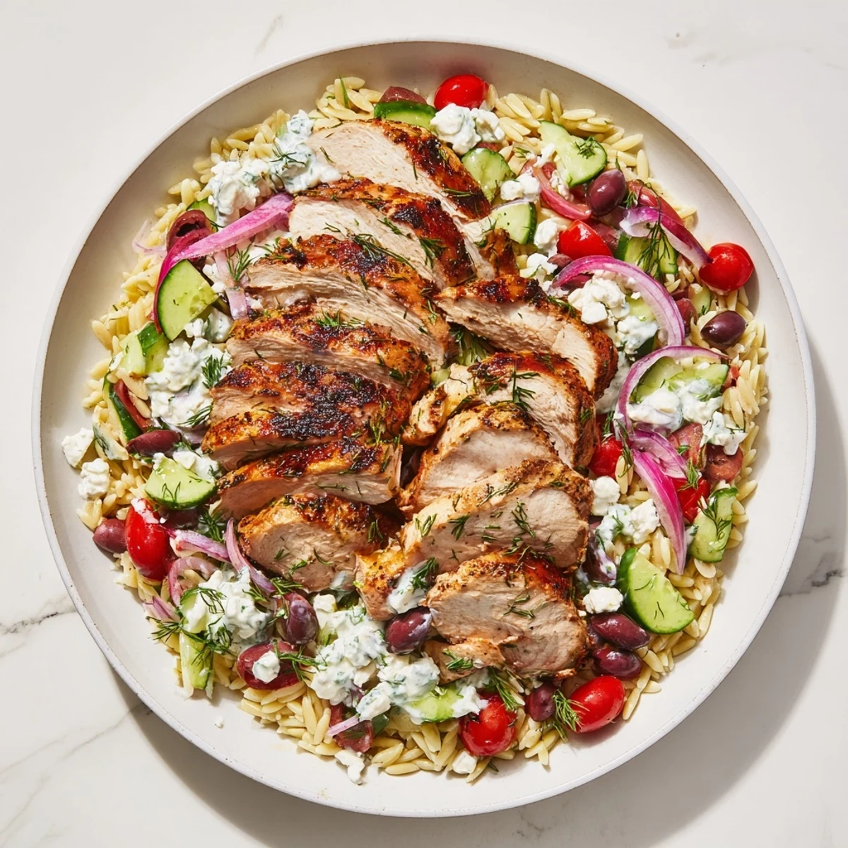 This photo features delicious Greek Chicken Gyro Pasta Bowls with vibrant colors and a tangy yogurt drizzle.