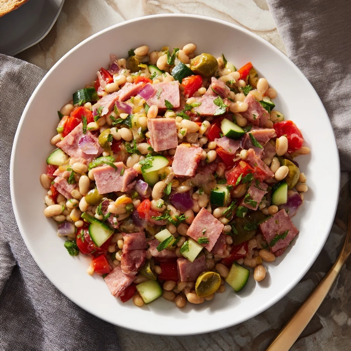 This Mediterranean Dense Bean Salad with Salami bursts with fresh flavors including tomatoes and briny olives.