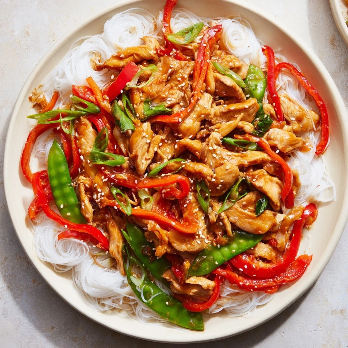 Tender Mongolian Chicken stir-fry on noodles with colorful bell peppers; imagine the savory aroma.