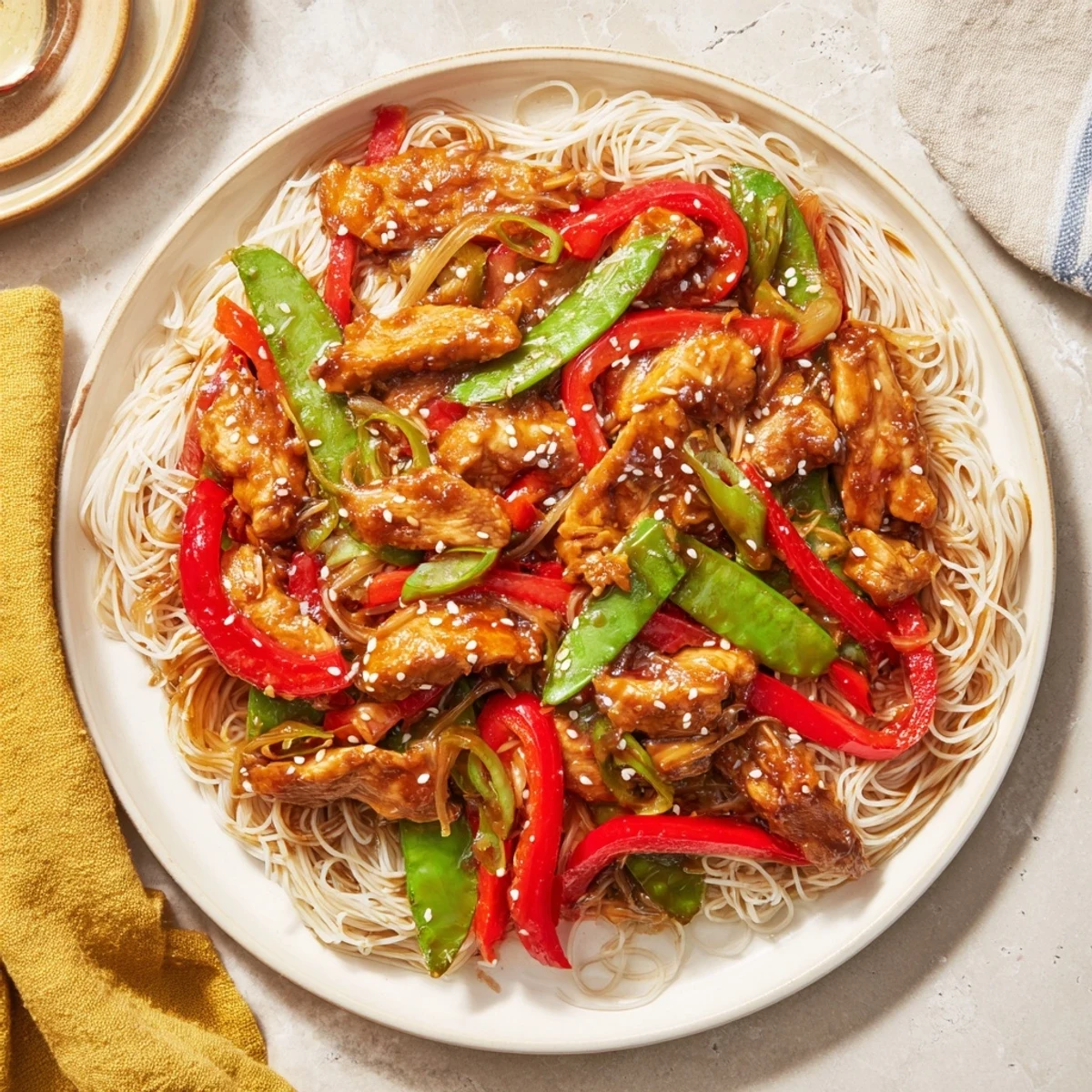 A close-up of a flavorful Mongolian Chicken dish, stir-fried with vegetables and savory sauce.