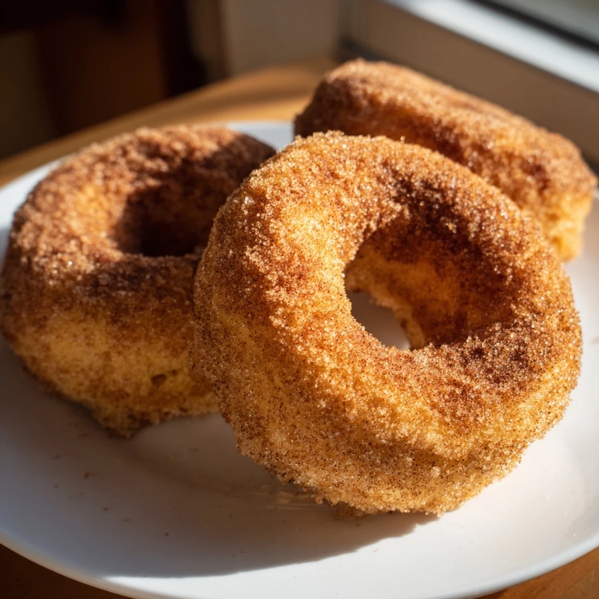 Fluffy cinnamon-sugar baked donuts, each coated generously, promising a delightful bite of homemade sweetness.