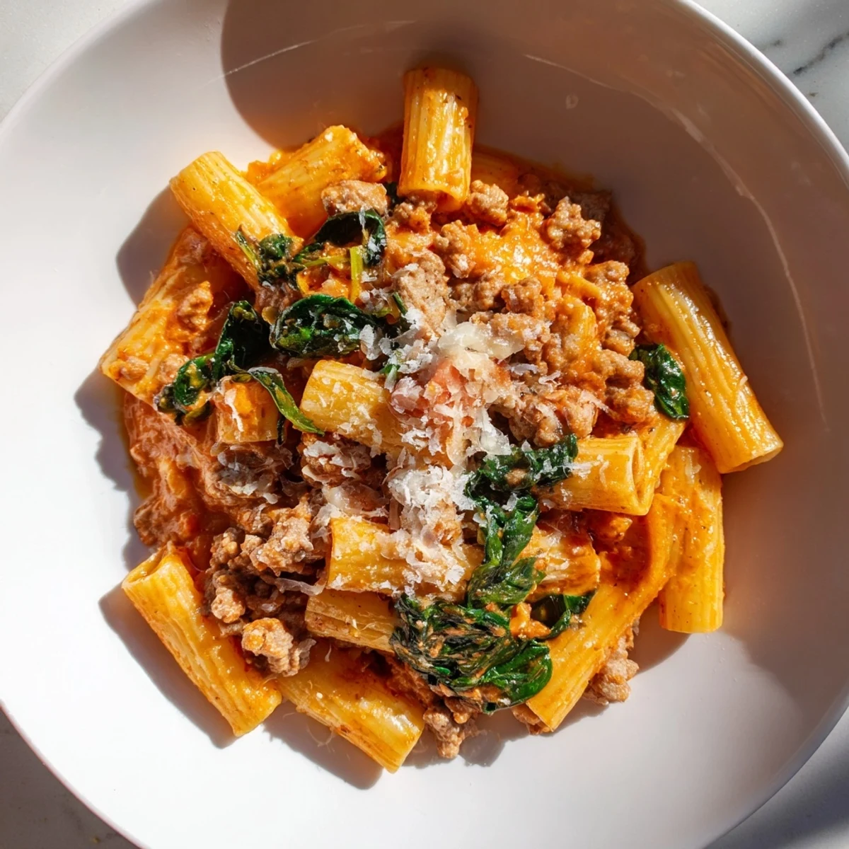 One-Pot Italian Sausage Tomato Pasta, steaming hot, with bubbly cheese and savory sausage visible.