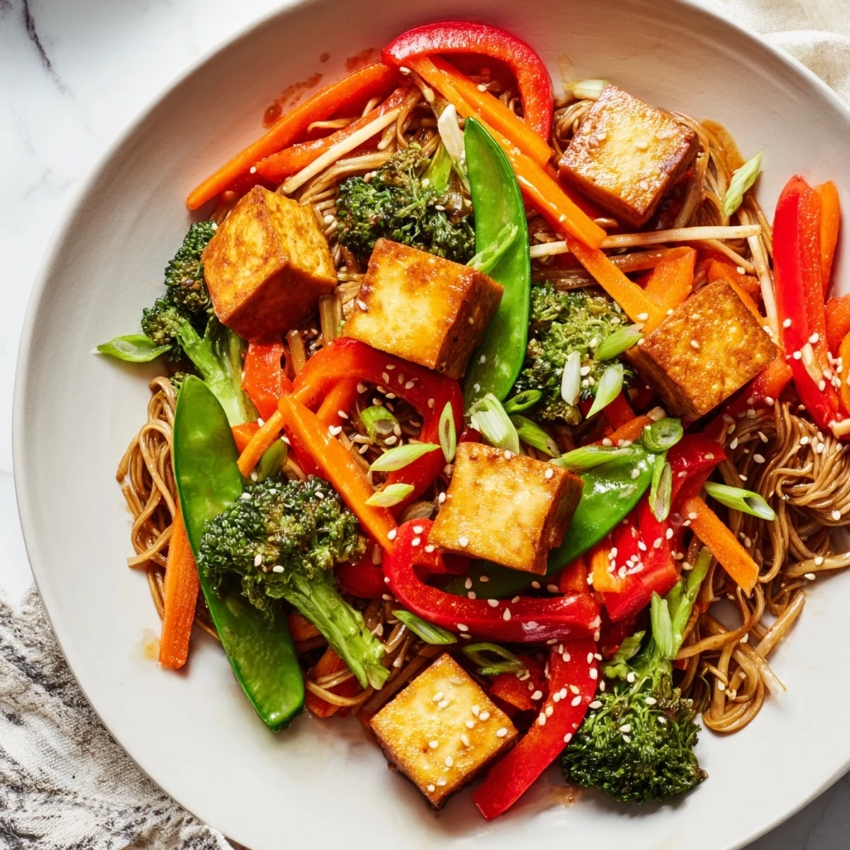 Golden tofu and vibrant vegetables mingle in this delicious Sesame Ginger Tofu Stir-Fry.