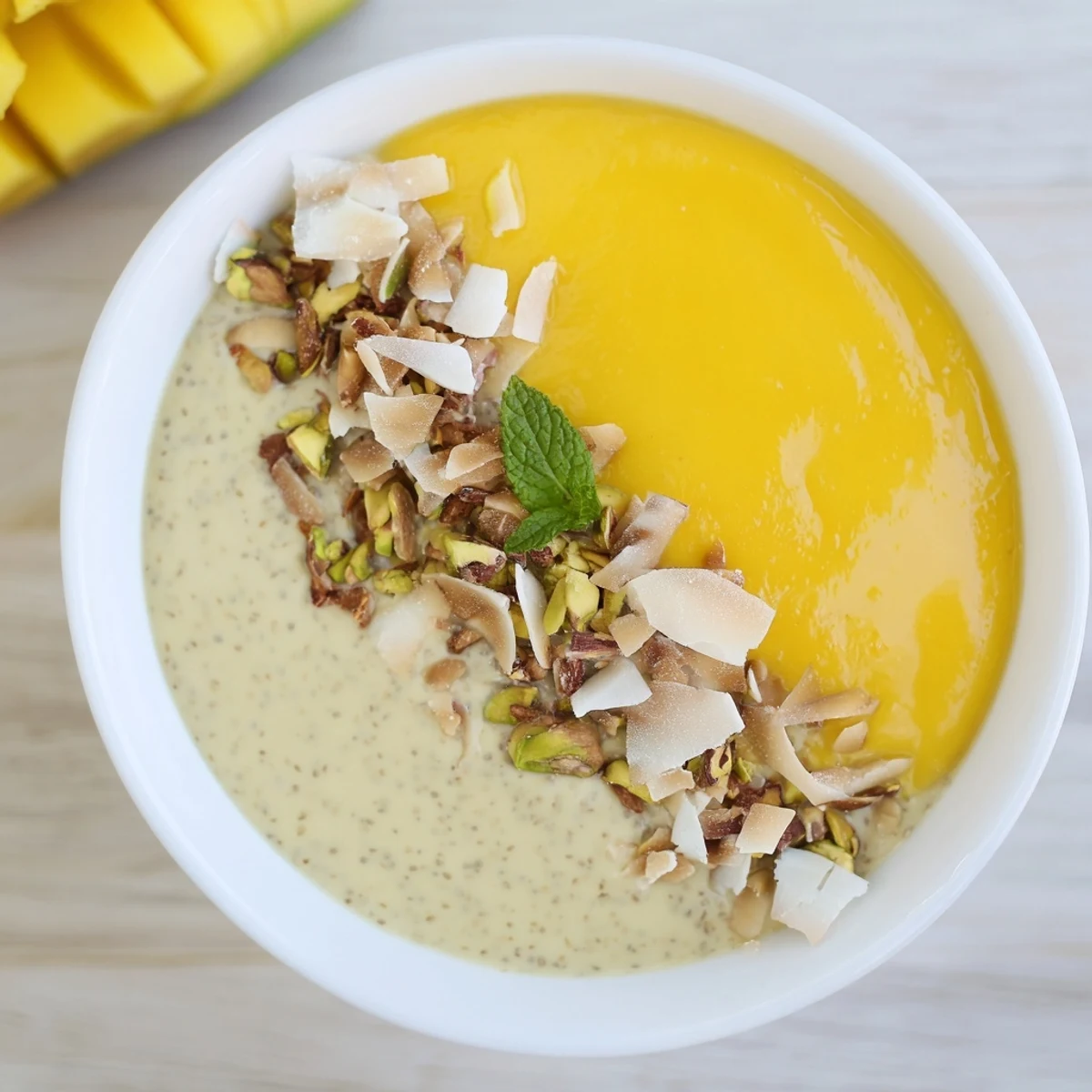 Creamy Mango Coconut Chia Pudding, chilled and layered with vibrant mango puree, ready to enjoy.