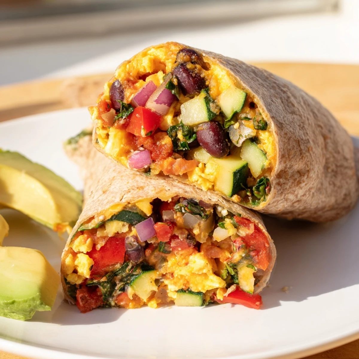 Golden scrambled eggs and vibrant veggies in a Veggie-Loaded Breakfast Burrito, a perfect morning meal.