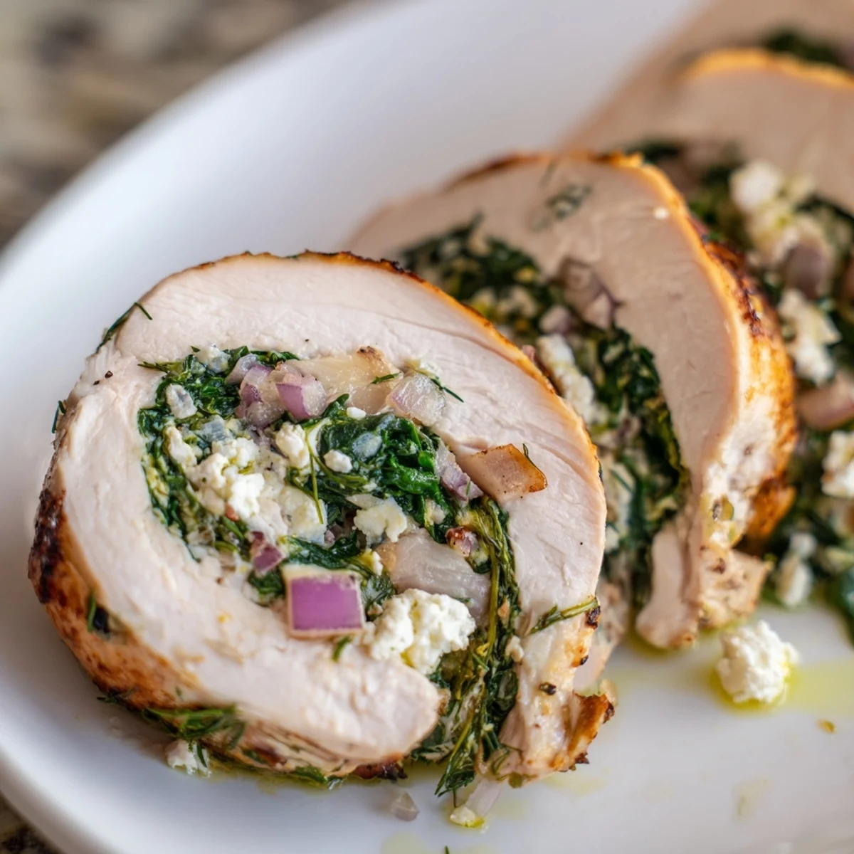 Perfectly rolled Spinach Feta Stuffed Chicken served with fresh herbs, a delicious Greek meal.